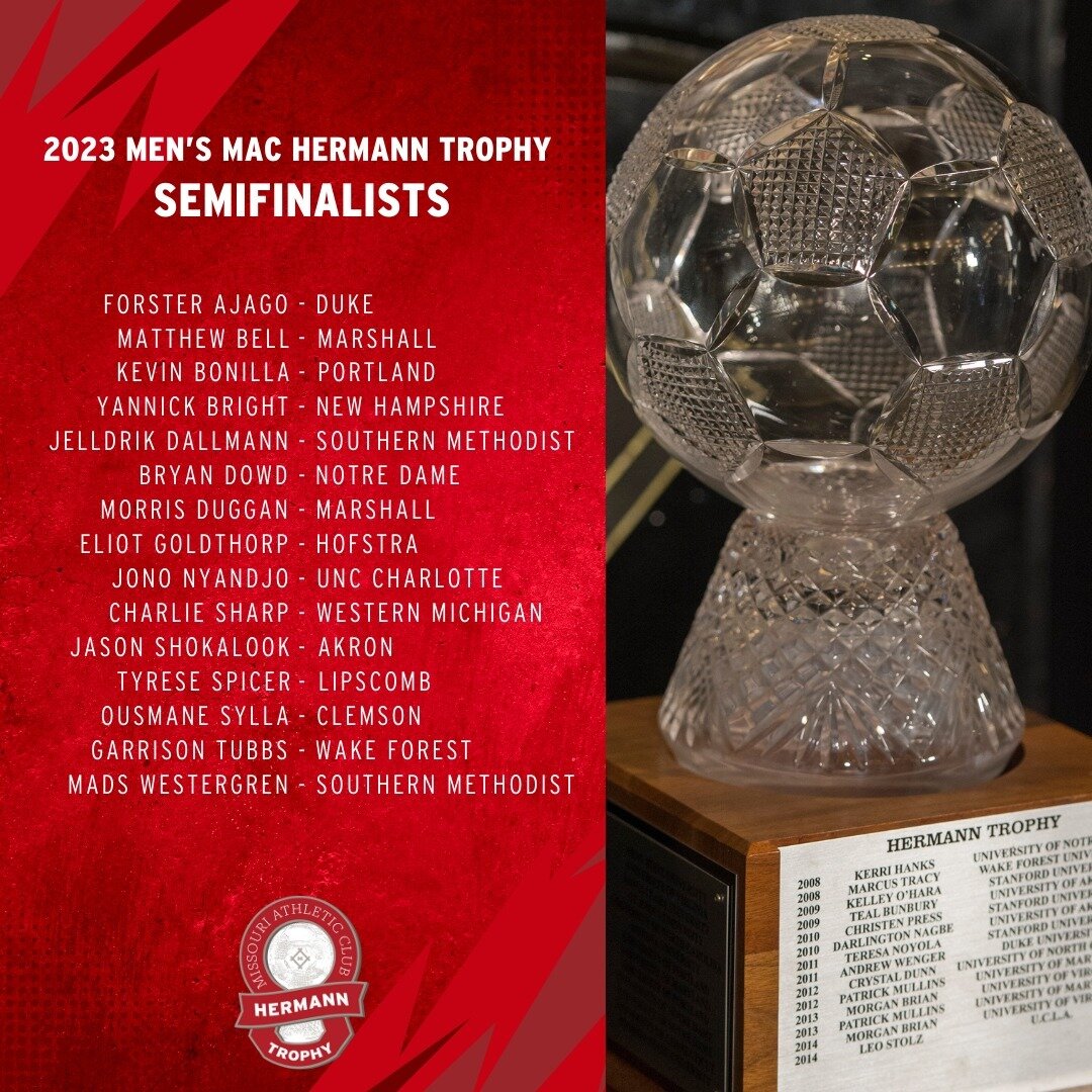 Congratulations to the 2023 Men&rsquo;s MAC Hermann Trophy Semifinalists! @unitedsoccercoaches #ncaasoccer #ncaamenssoccer #menscollegesoccer #collegesoccer #MACHermannTrophy
@dukemsoc @herdmsoccer @portlandmsoc @unhmenssoccer @smu_msoc @ndmensoccer 