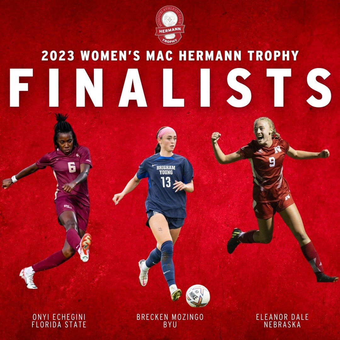 The United Soccer Coaches announced the 2023 Women&rsquo;s MAC Hermann Trophy Finalists! Congratulations to @eleanor_dalex of @huskersoccer, @echeginiii of @nolesoccer and @breckeningamozingo of @byusoccer_w. To read more, visit machermanntrophy.org
