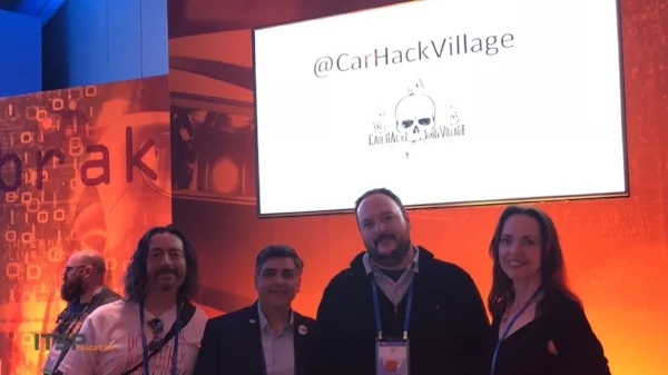 Car Hacking Village : (Left to Right) Marco Ciappelli, Sean Martin, Robert Leale from the Car Hacking Village, and Selena Templeton.