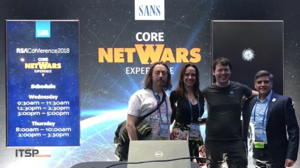SANS NetWars : (Left to Right) Marco Ciappelli, Selena Templeton, Jeff McJunkin from SANS Institute, and Sean Martin. ( Not pictured: Ed Skoudis from SANS Institute )