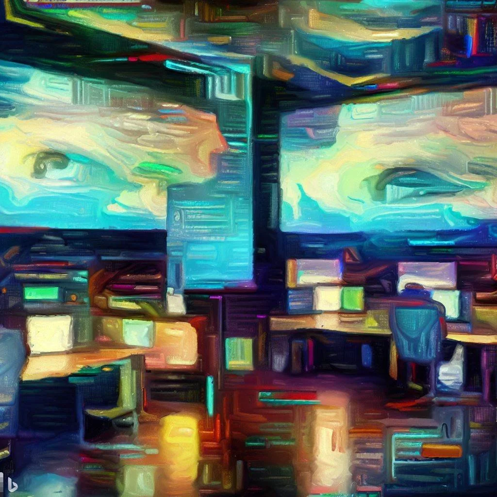 An image done in the style of an impressionist painting that depicts augmented and virtual reality in cybersecurity that shows a security operations center