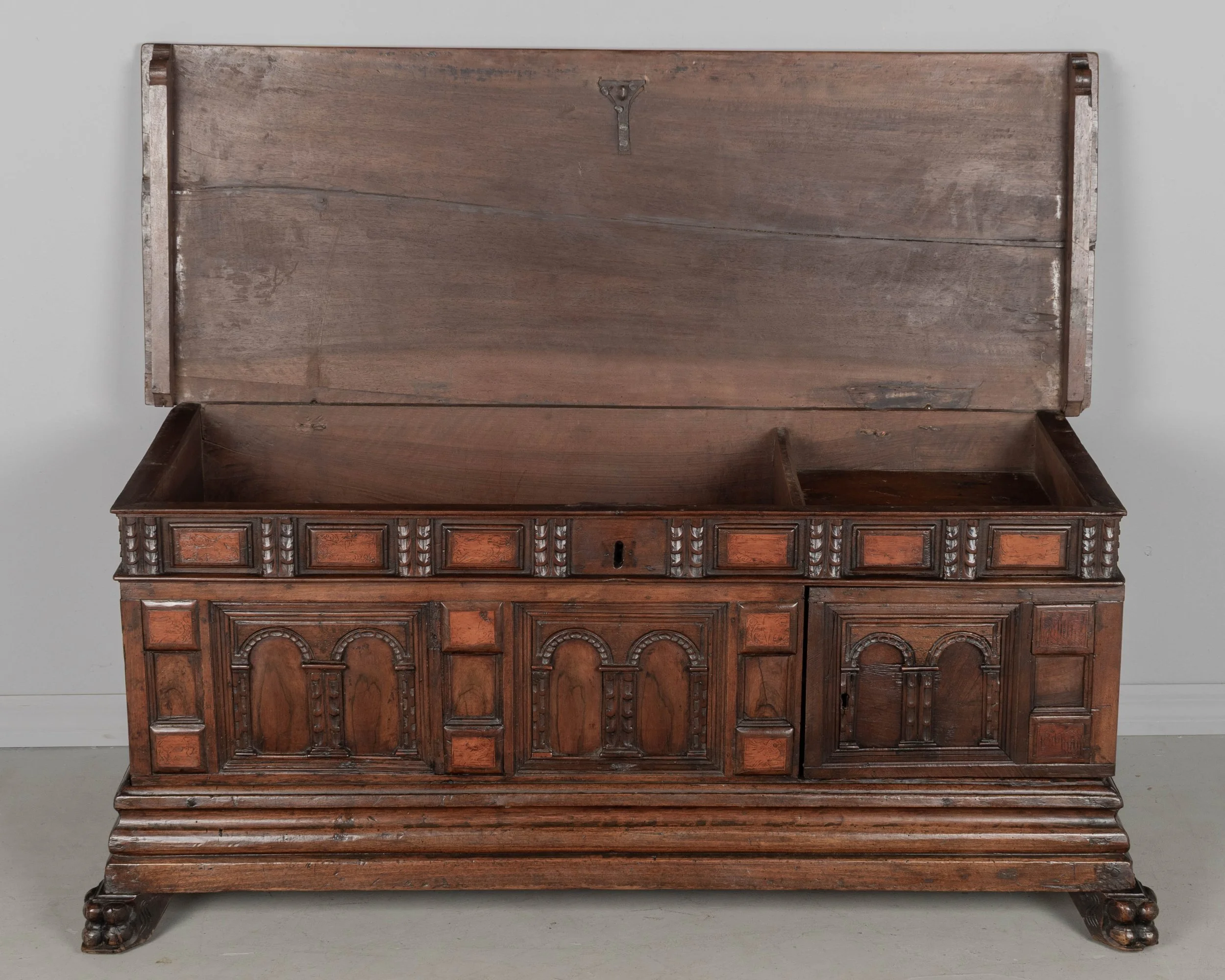 A suberb 18th century Italian Rennaissance style Baroque cassone, or marriage chest, made of solid walnut.
