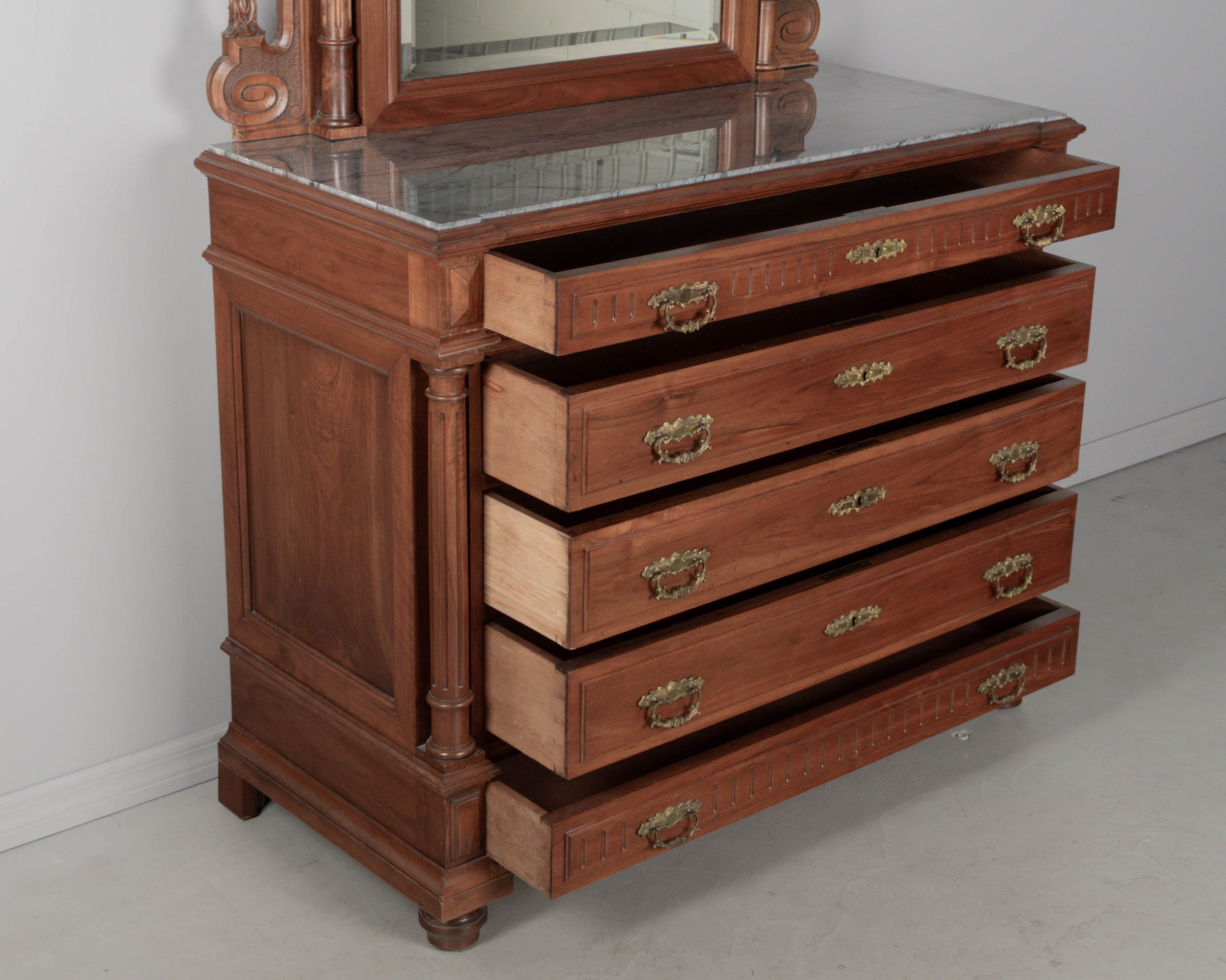 Italian Walnut Marble Top Dresser and Mirror