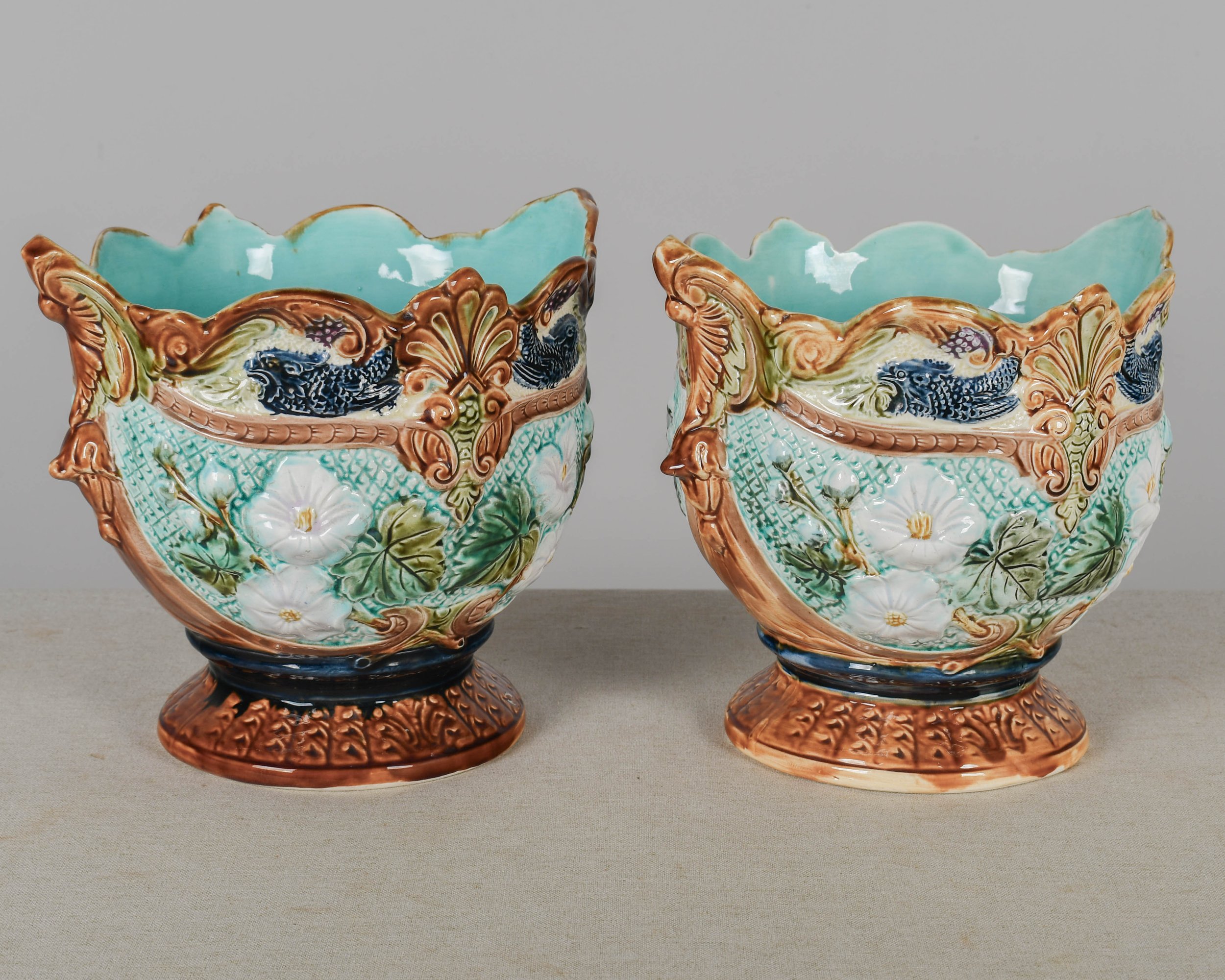 19th Century French Majolica Cache Pots, a Pair