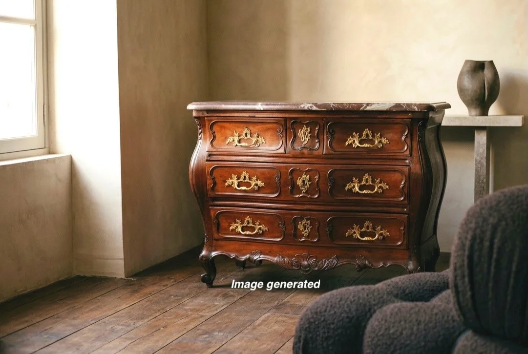 An 18th century French Louis XV commode, or chest of drawers, from the Bordeaux region made of solid mahogany.