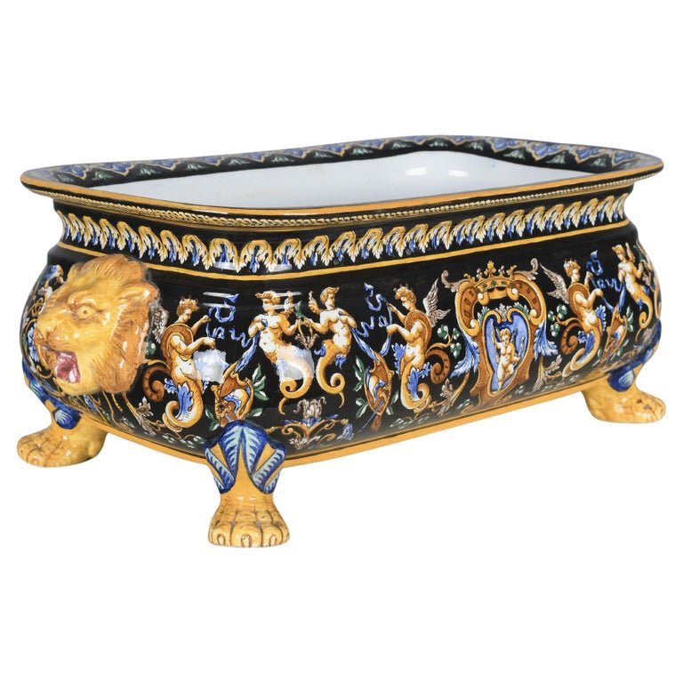 A late 19th century French Gien faience ceramic jardinière, or shallow footed centerpiece bowl.