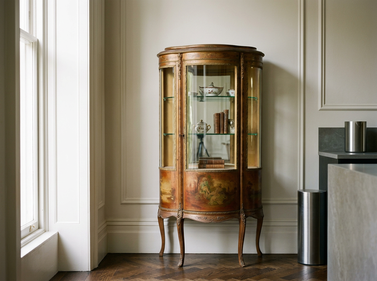 French Louis XVI Style Vernis Martin Decorated Giltwood Vitrine