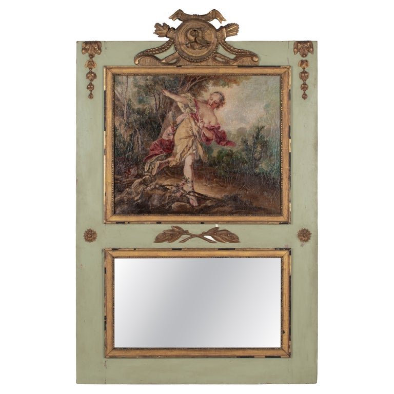 19th Century French Trumeau Mirror with Painting 58"H x 37.25"W