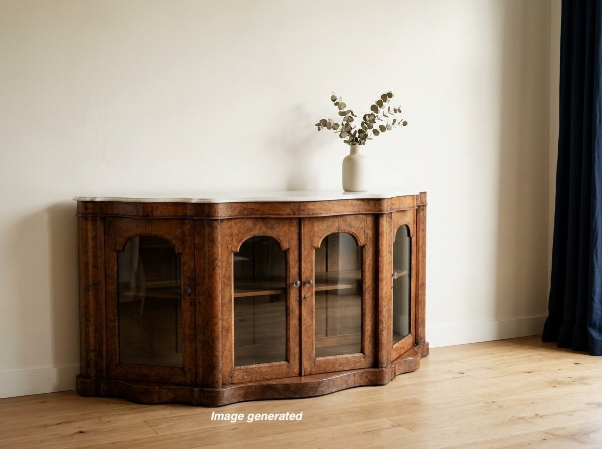 English Victorian Burl Walnut Serpentine Marble Top Sideboard