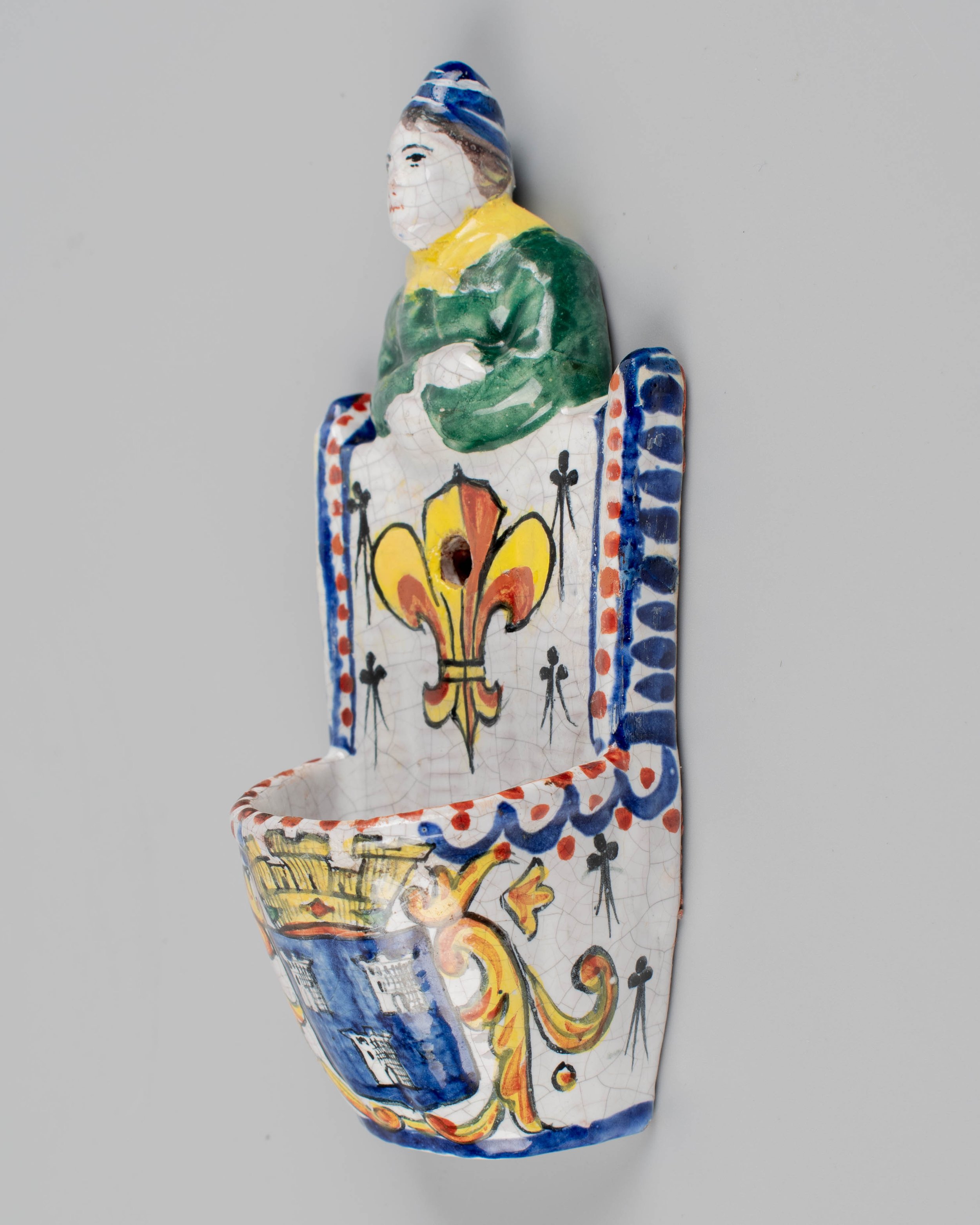 19th Century French Faience Bénitier, or Wall Pocket, Hand-Painted