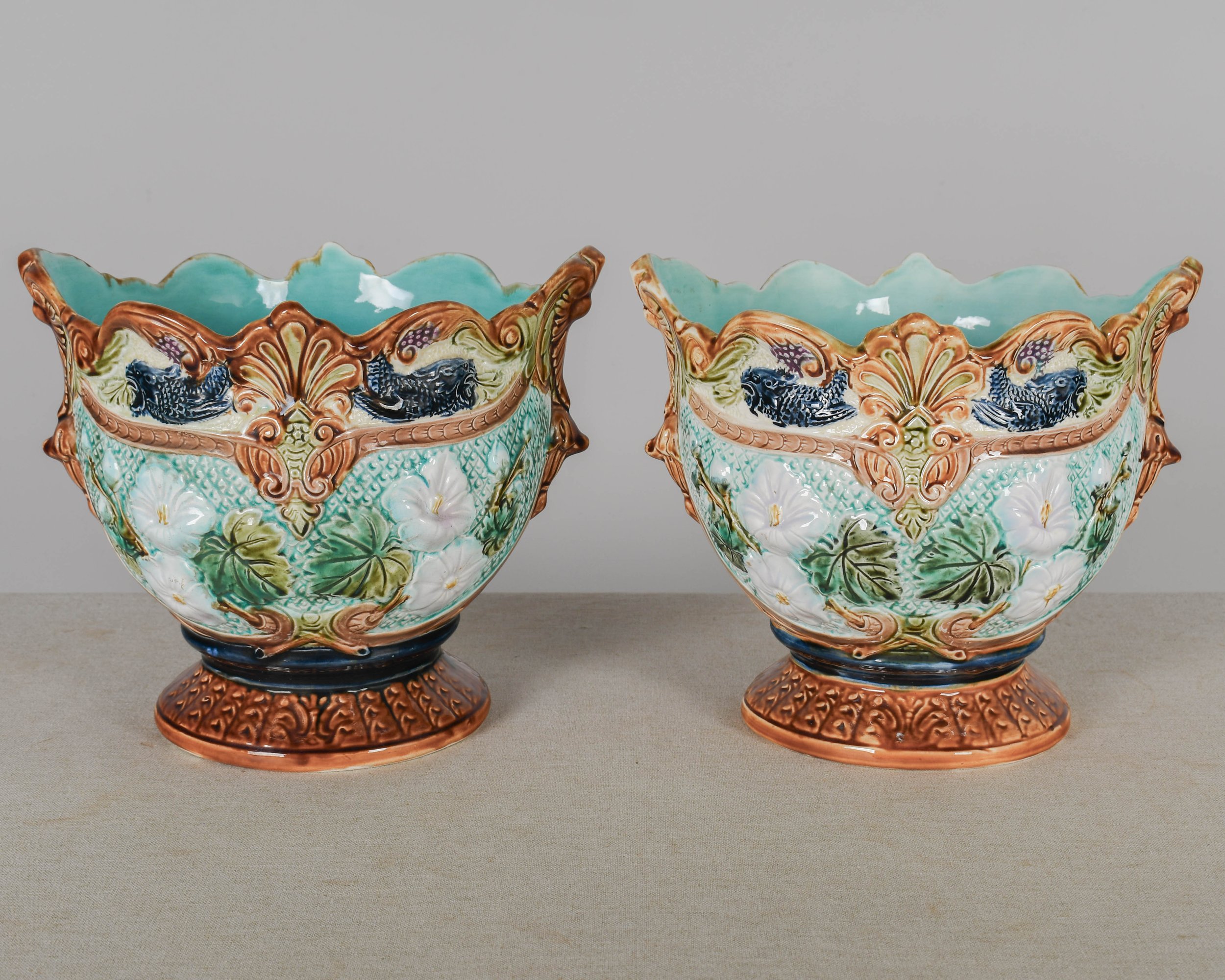 19th Century French Majolica Cache Pots, a Pair