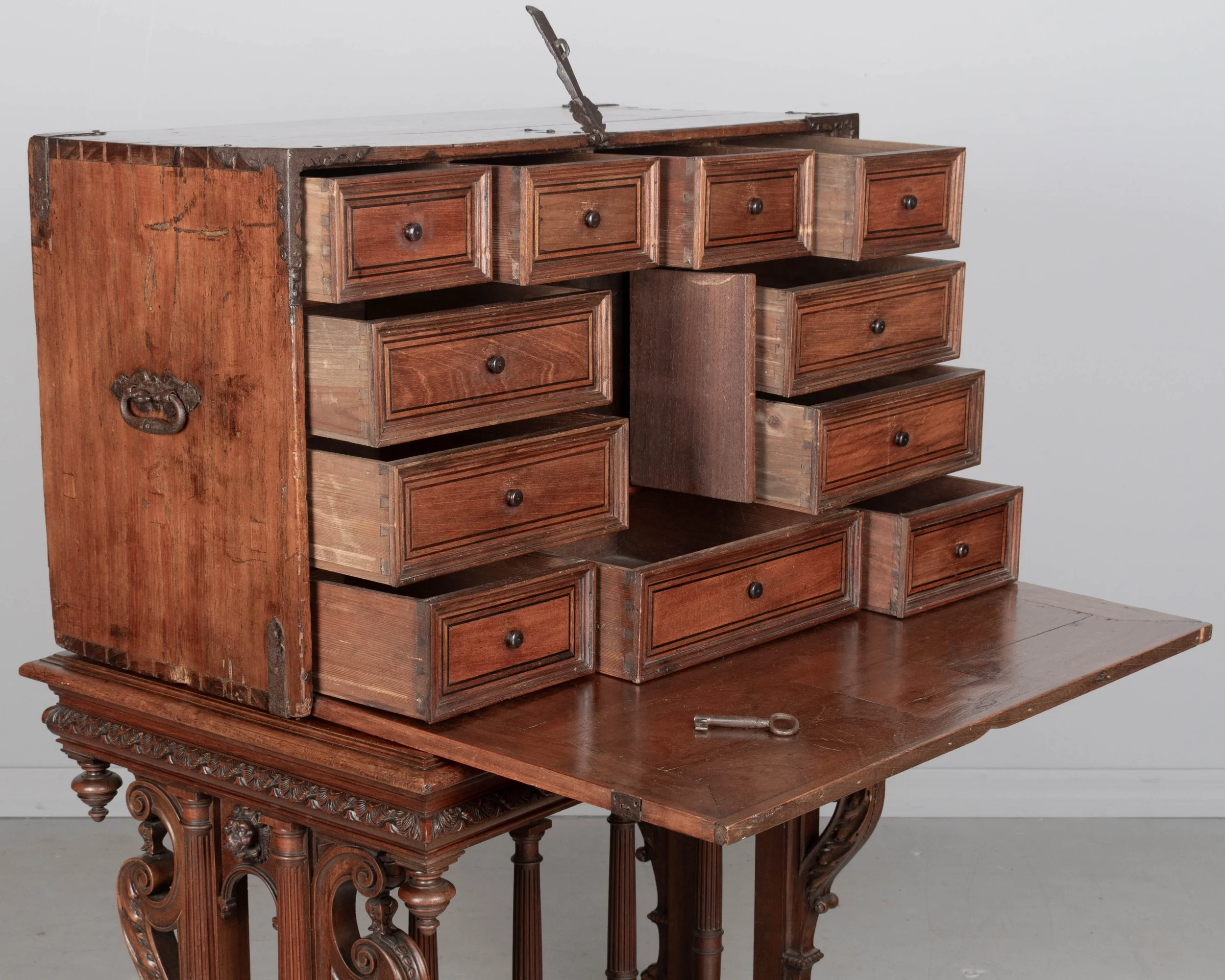 An early 19th century Spanish vargueno, or portable desk, made of hand-planed solid walnut