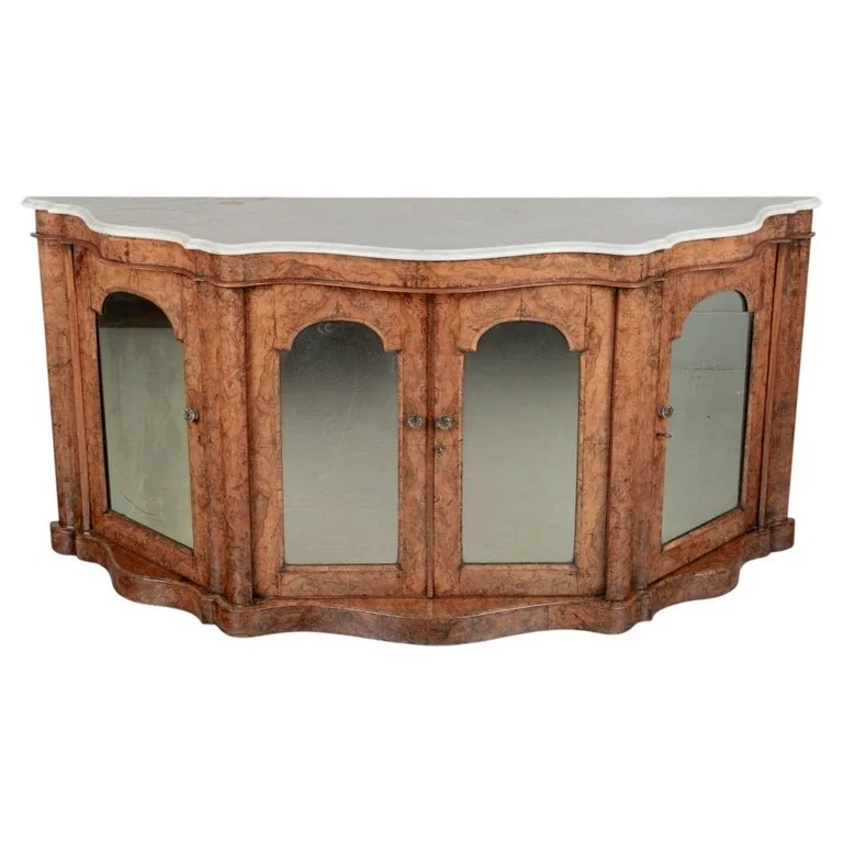 English Victorian Burl Walnut Serpentine Marble Top Sideboard