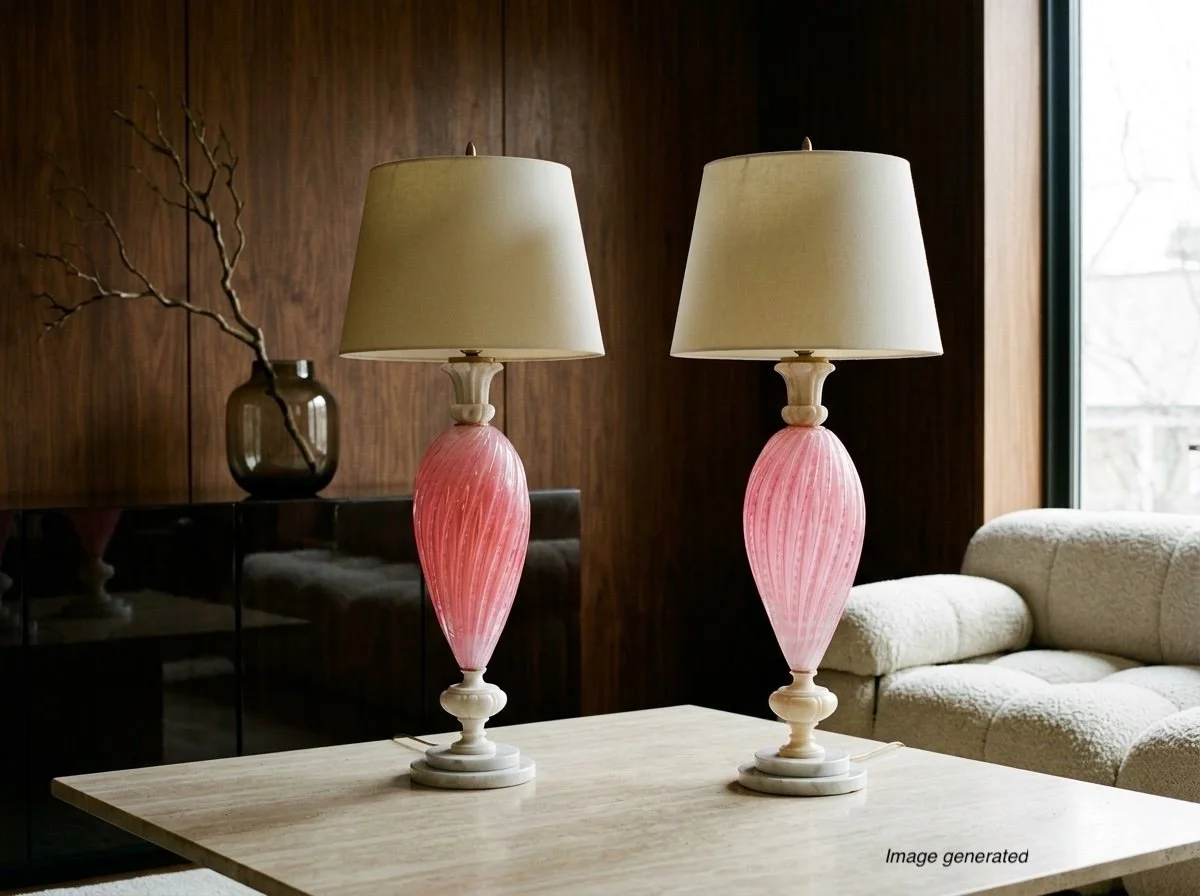 A pair of Mid Century Murano glass lamps by Alfredo Barbini. Beautiful opalescent cotton candy pink color. Hand-blown swirled ribbed glass with controlled bubbles.