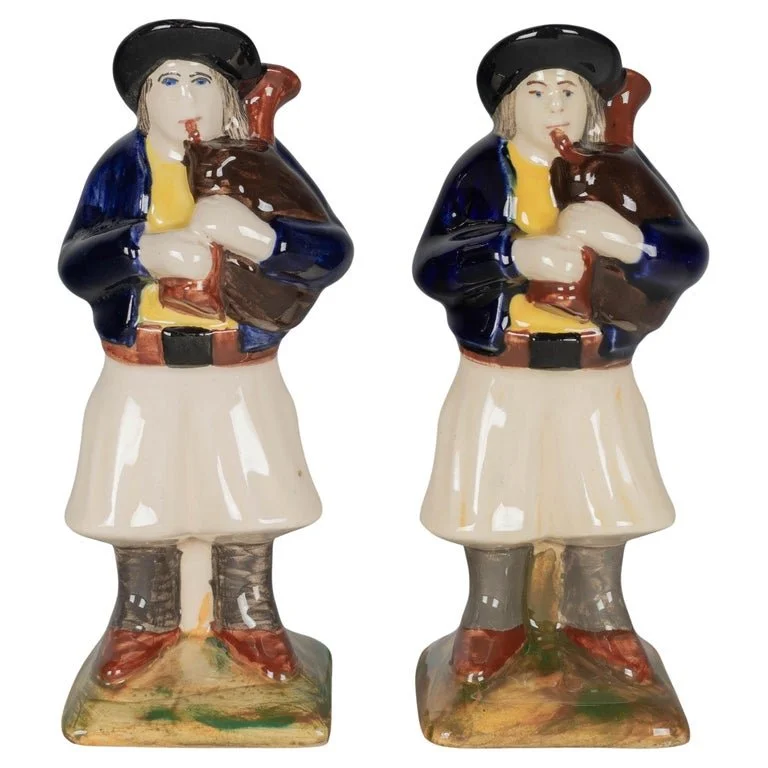 Pair of French Henriot Quimper Faience Bagpiper Figurines