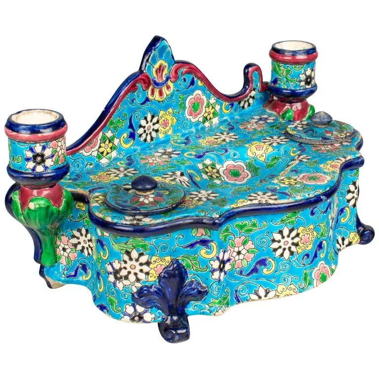19th Century French Longwy Ceramic Inkwell