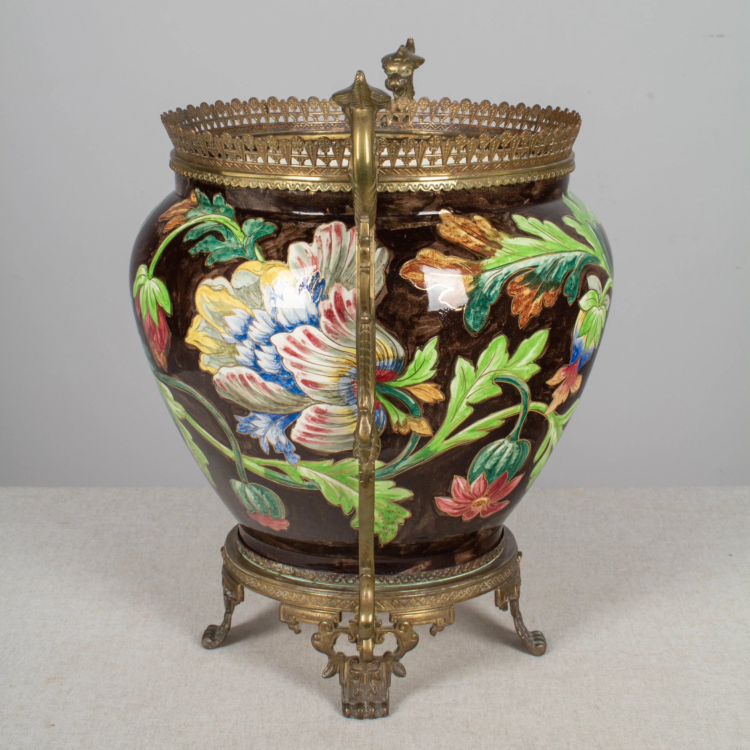 French Art Nouveau Longchamp Bronze Mounted Ceramic Planter