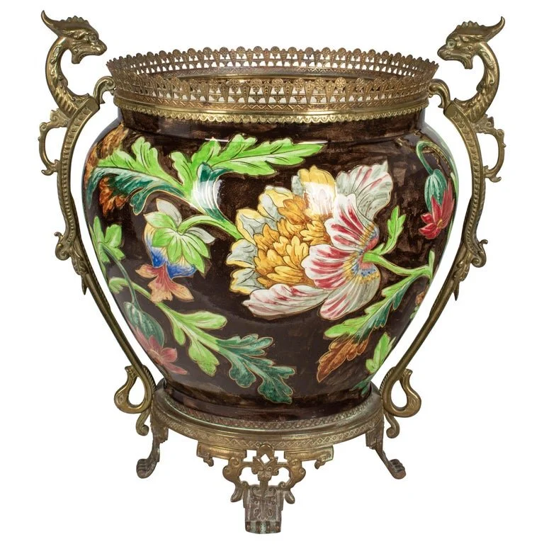 French Art Nouveau Longchamp Bronze Mounted Ceramic Planter