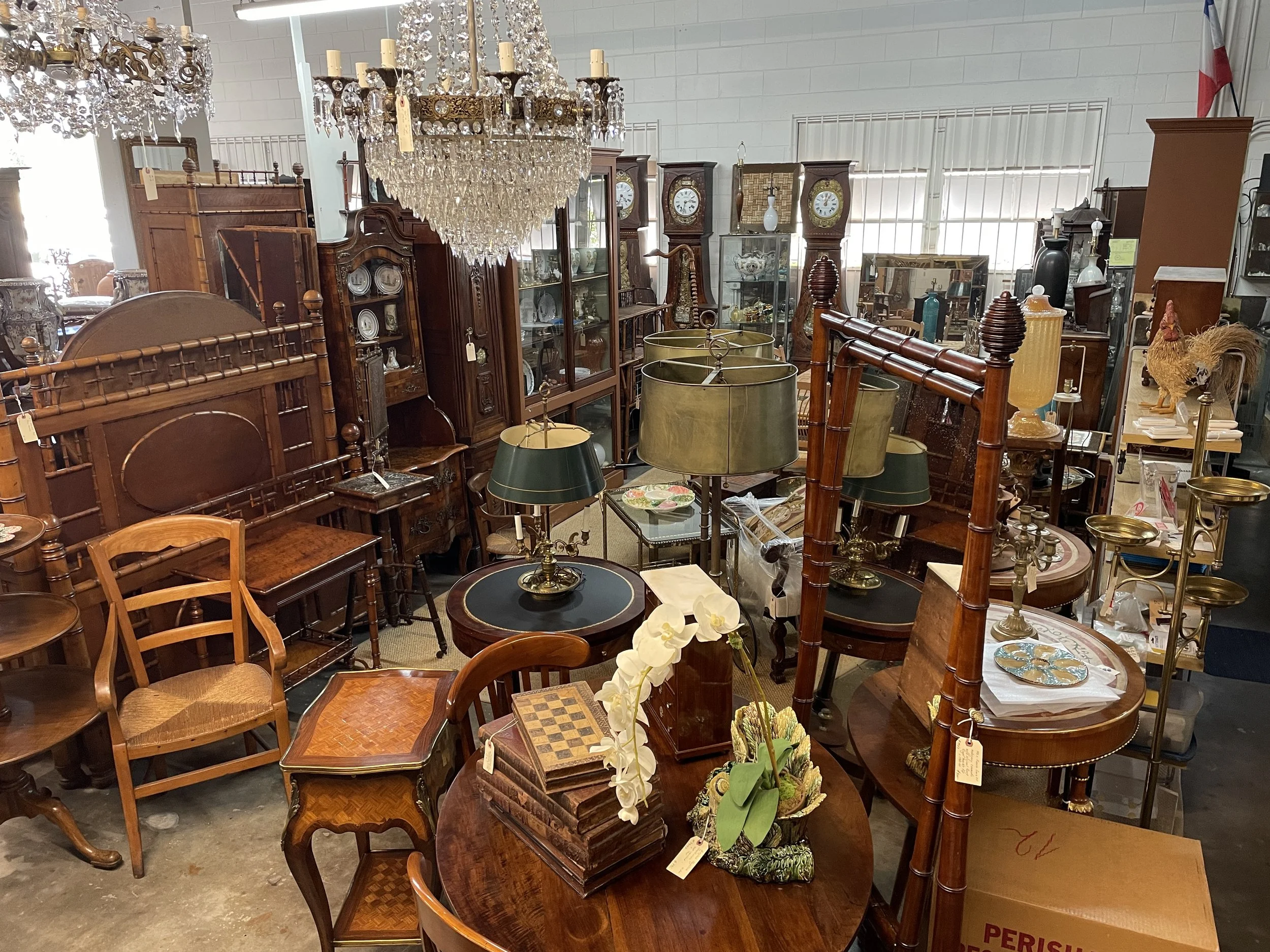 View of the large selections of French and Continental Antiques at Olivier Fleury, Inc in Winter Park Florida, near Orlando. 