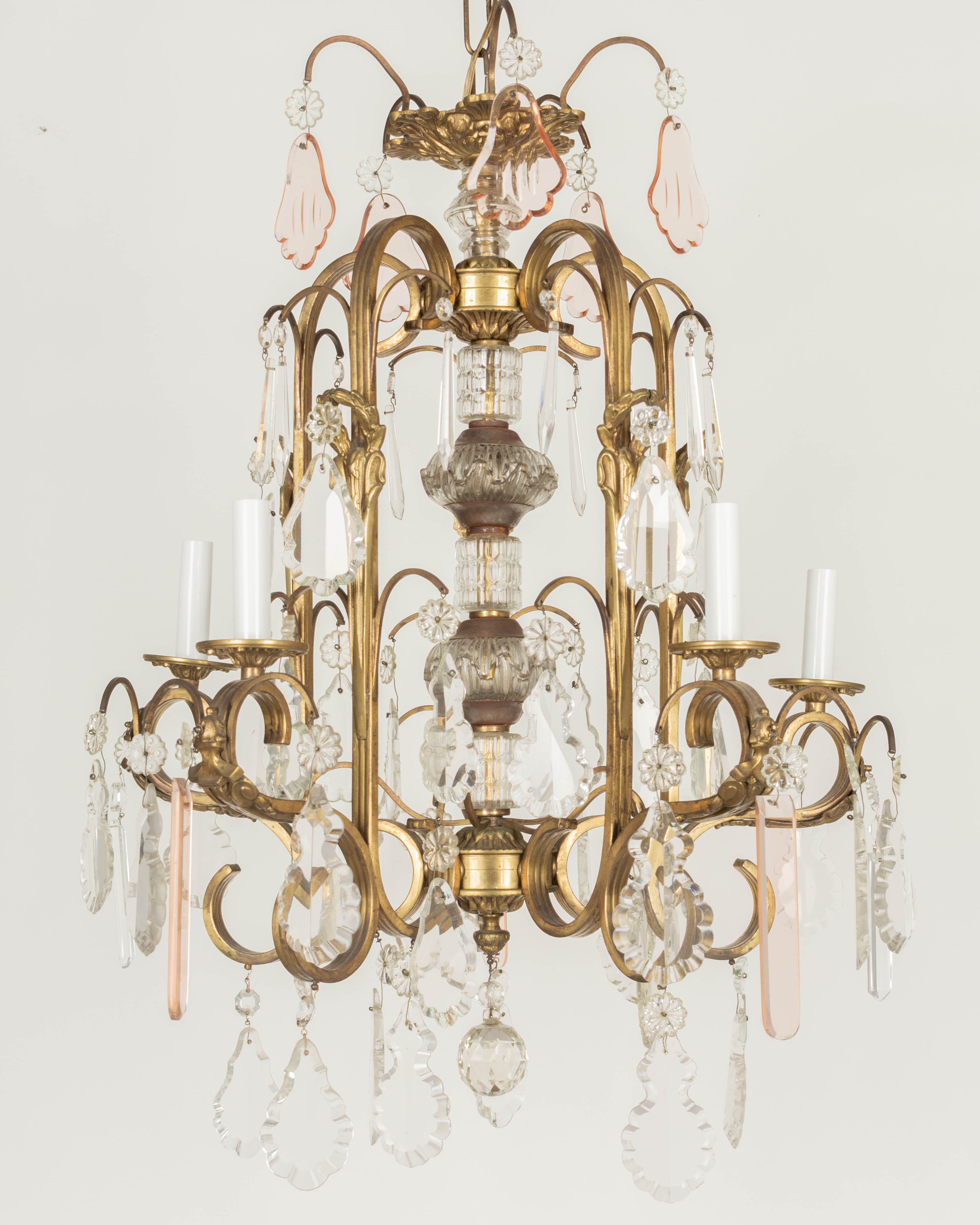 French Art Deco Brass and Crystal Chandelier