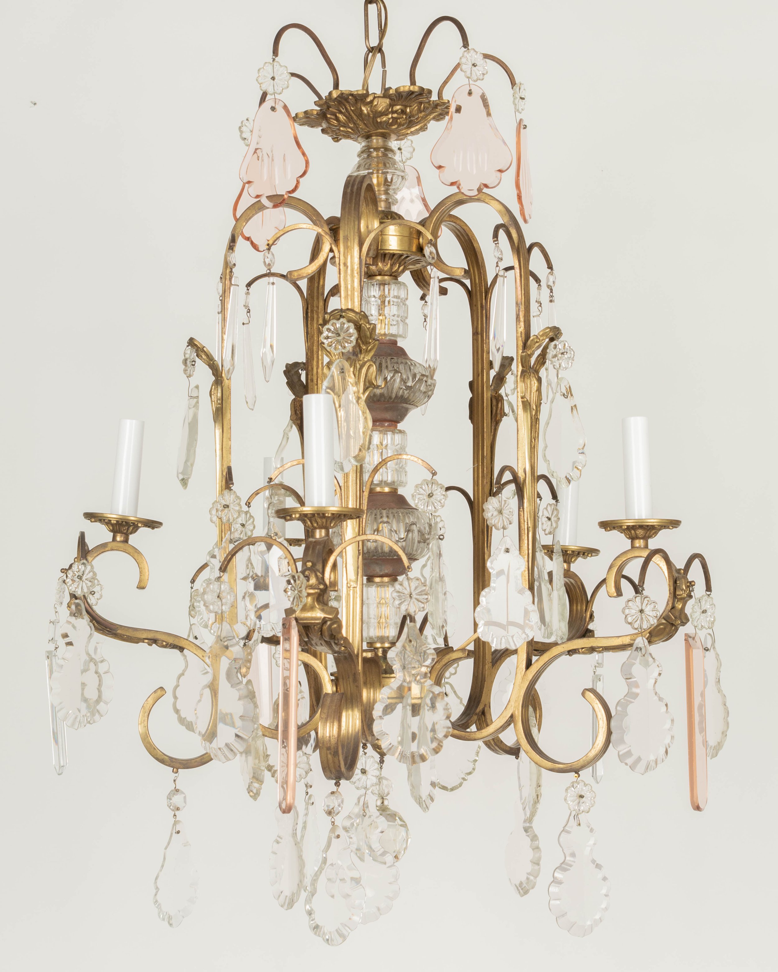 French Art Deco Brass and Crystal Chandelier
