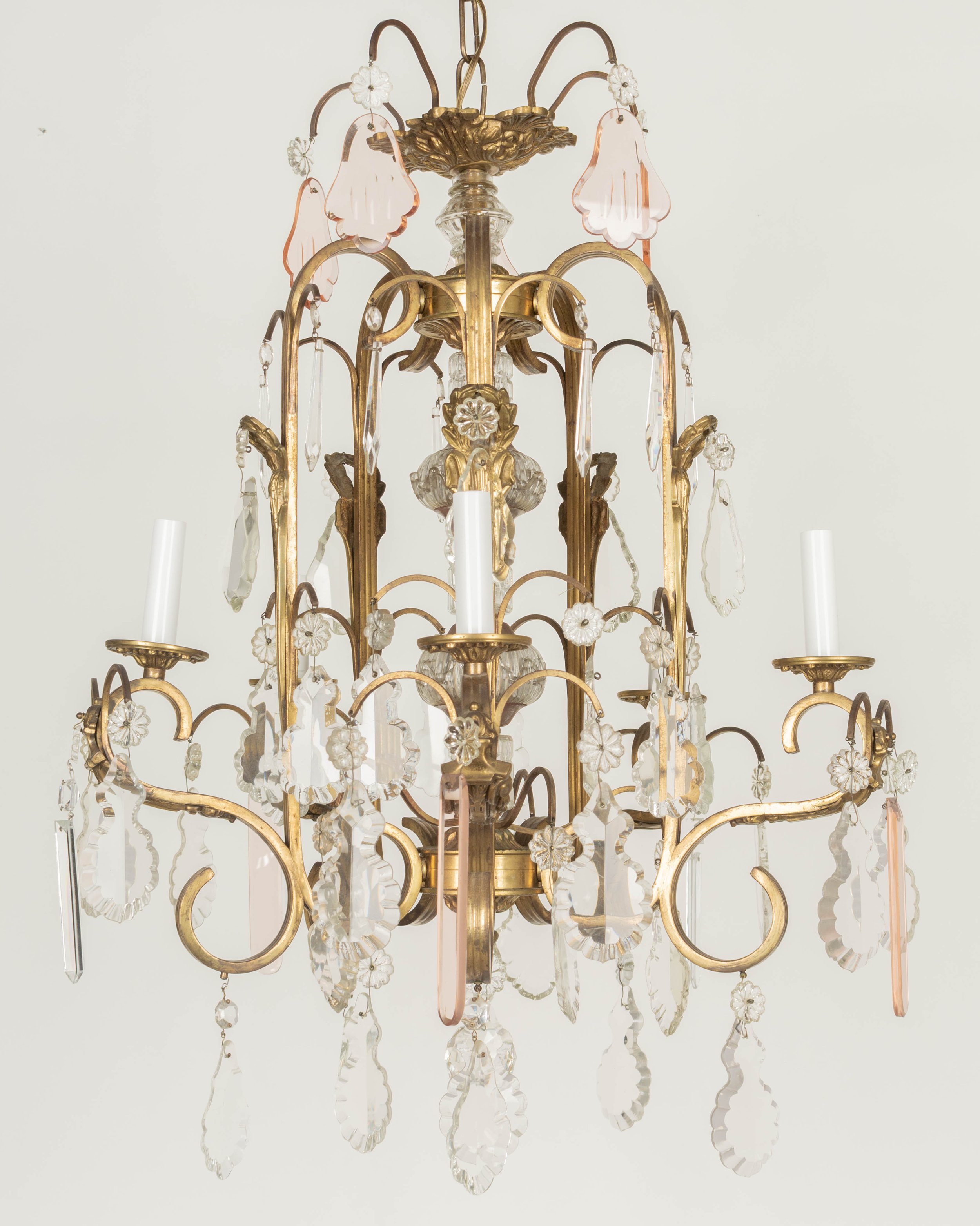 French Art Deco Brass and Crystal Chandelier