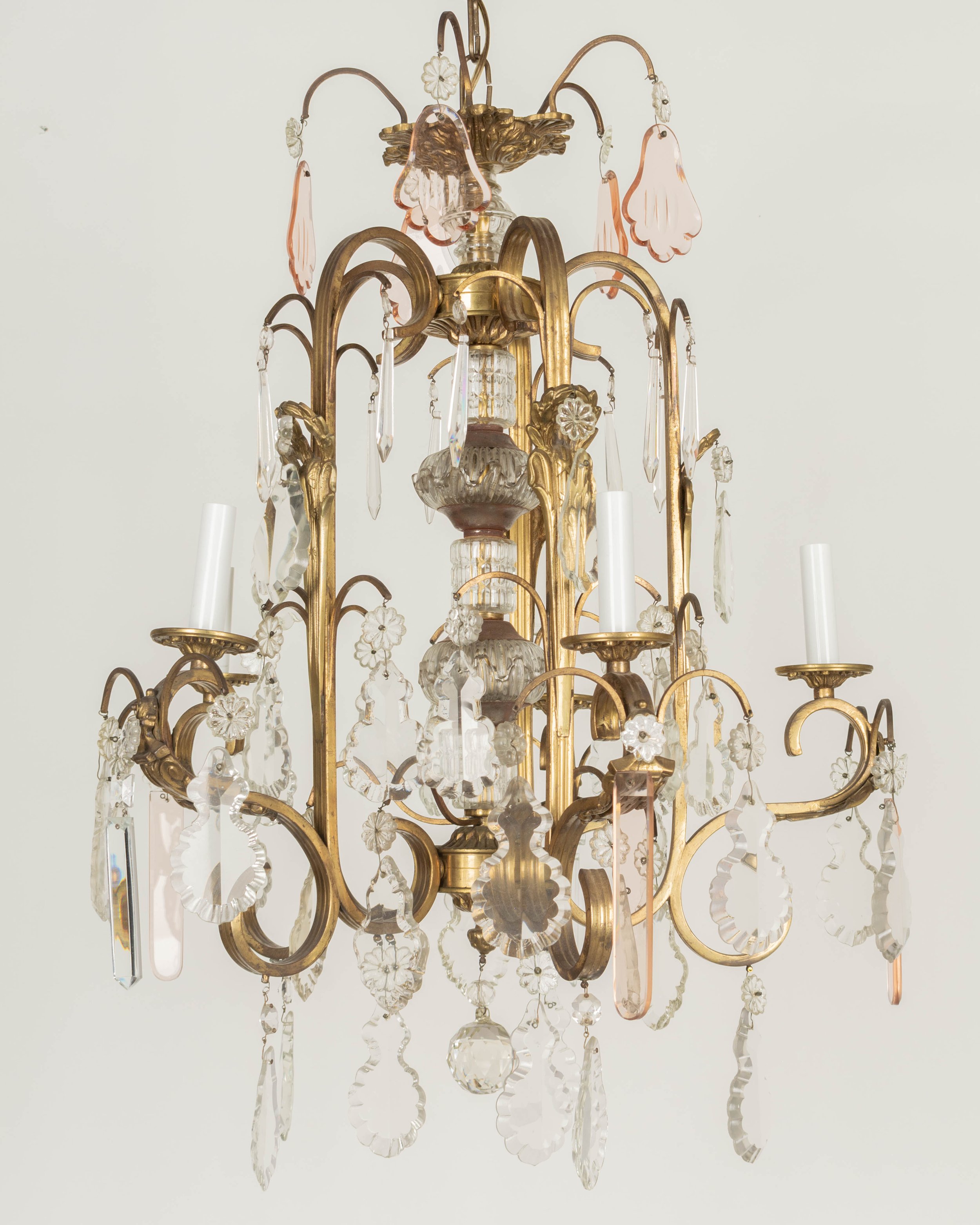 French Art Deco Brass and Crystal Chandelier