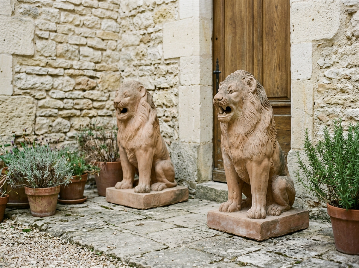 A pair of early 20th Century terracotta garden lions from Auch in Southwestern France.