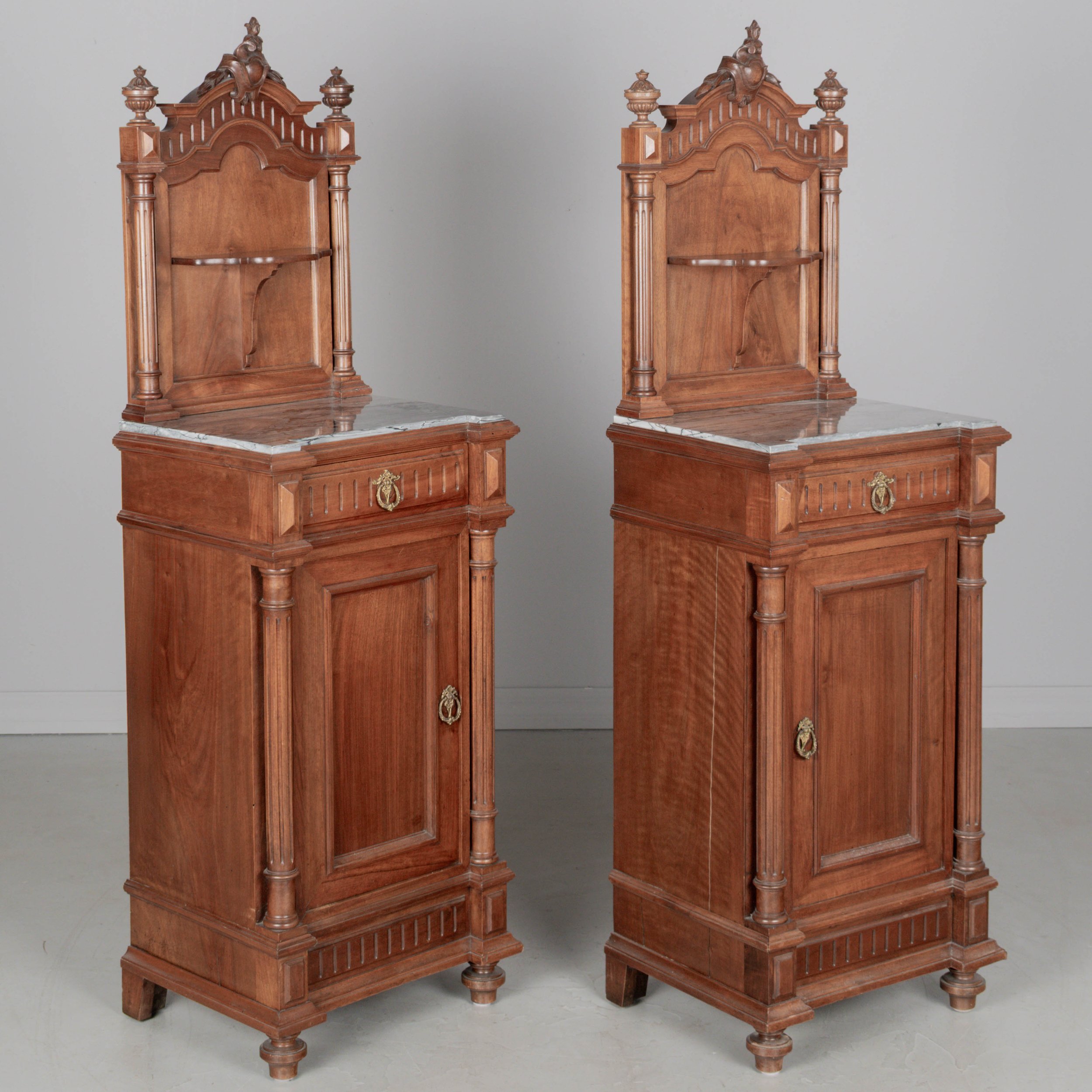 Pair of Italian Walnut Marble Top Nightstands