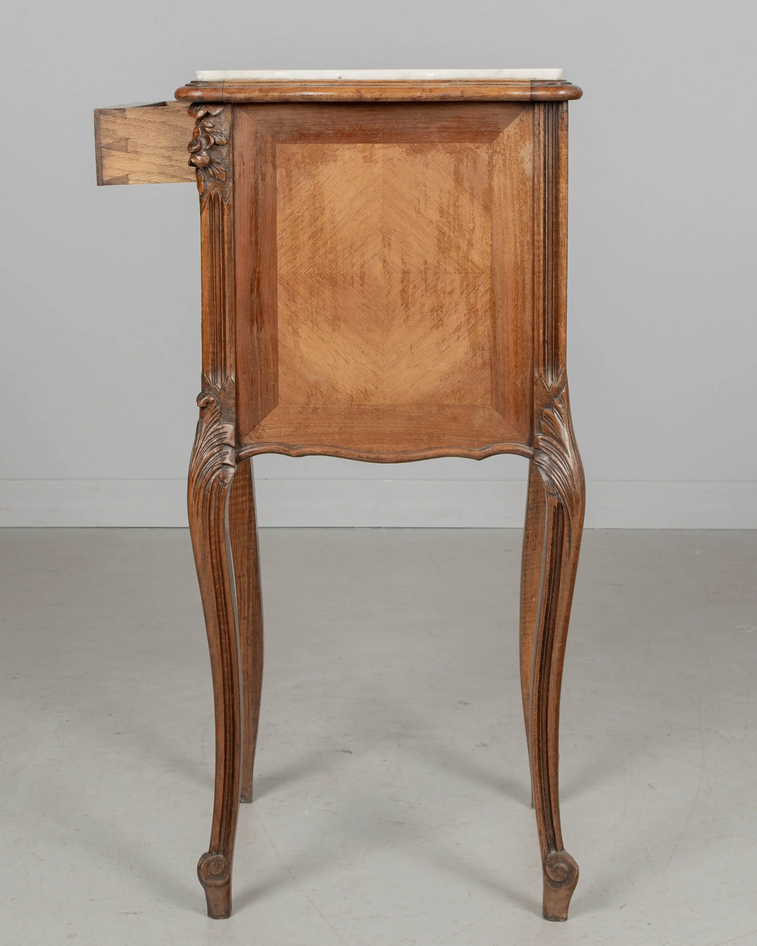 French Louis XV Style Nightstand, Walnut with Marble Top,