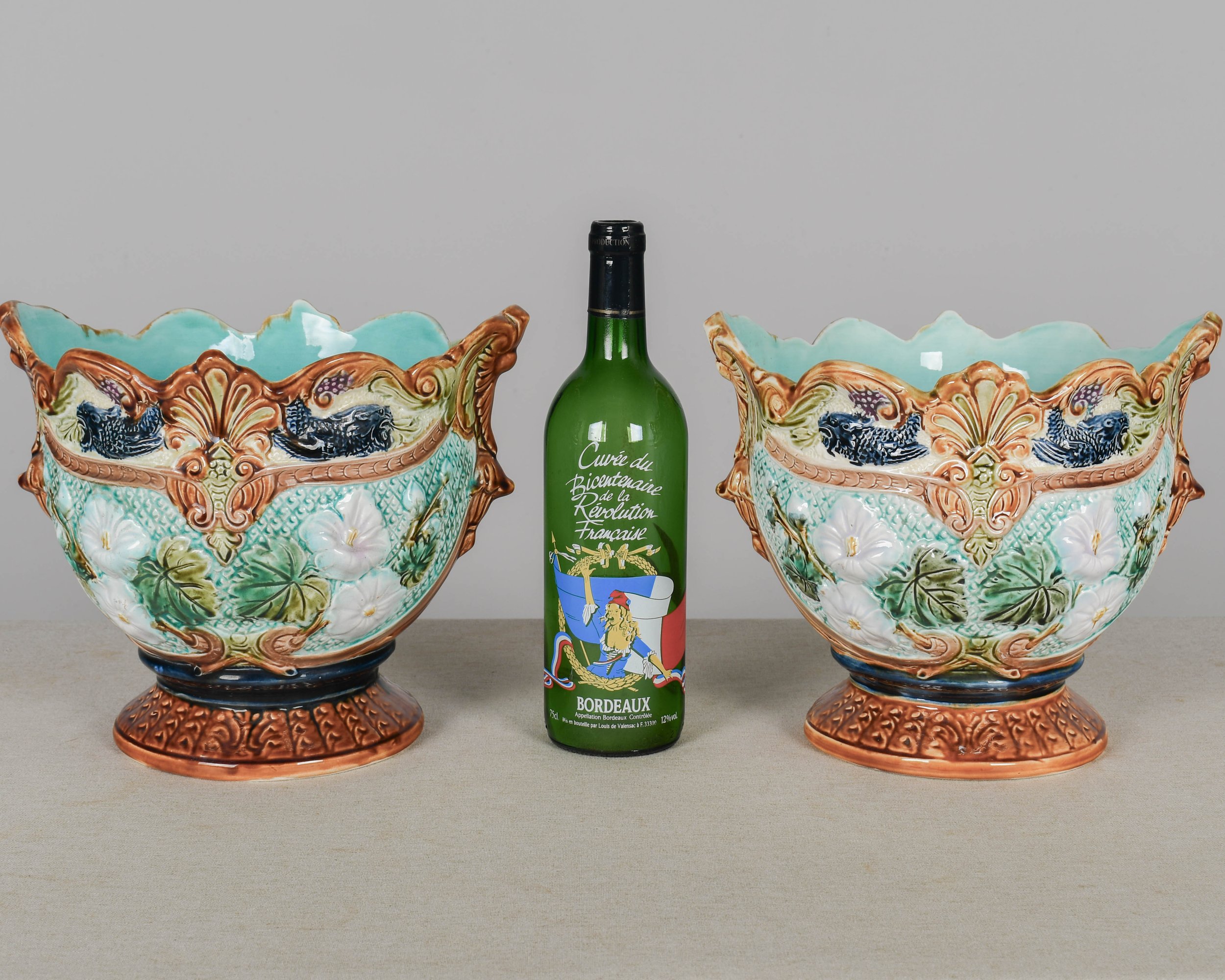 19th Century French Majolica Cache Pots, a Pair