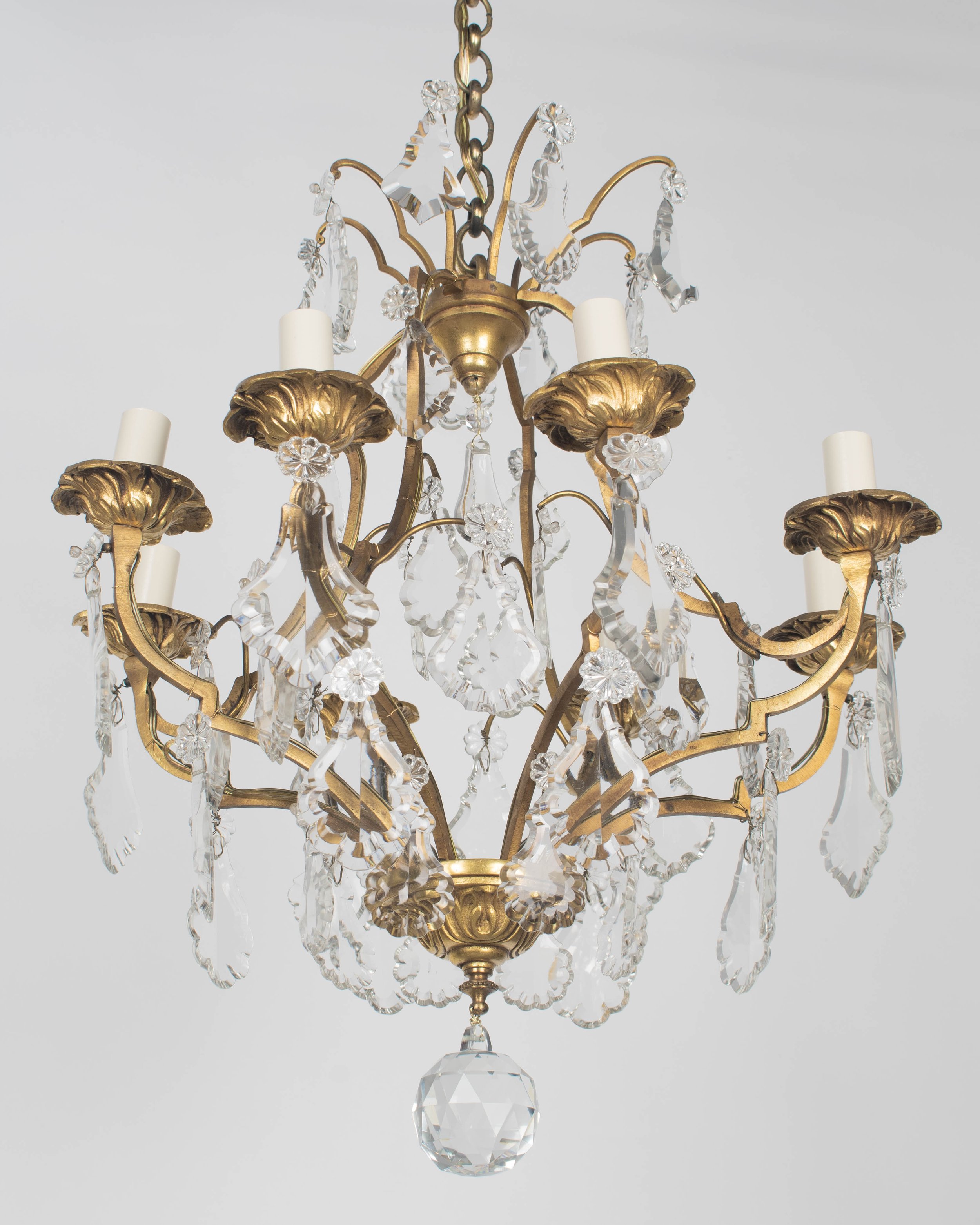 Early 1900's Louis XV Style Brass and Prism Chandelier 8 Lights