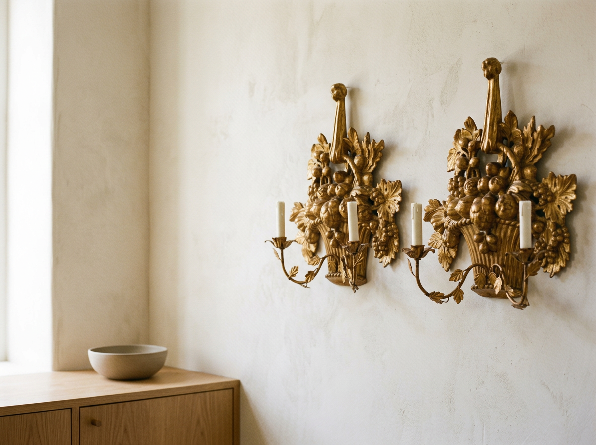 Pair of Louis XVI Style Giltwood Fruit Basket Sconces