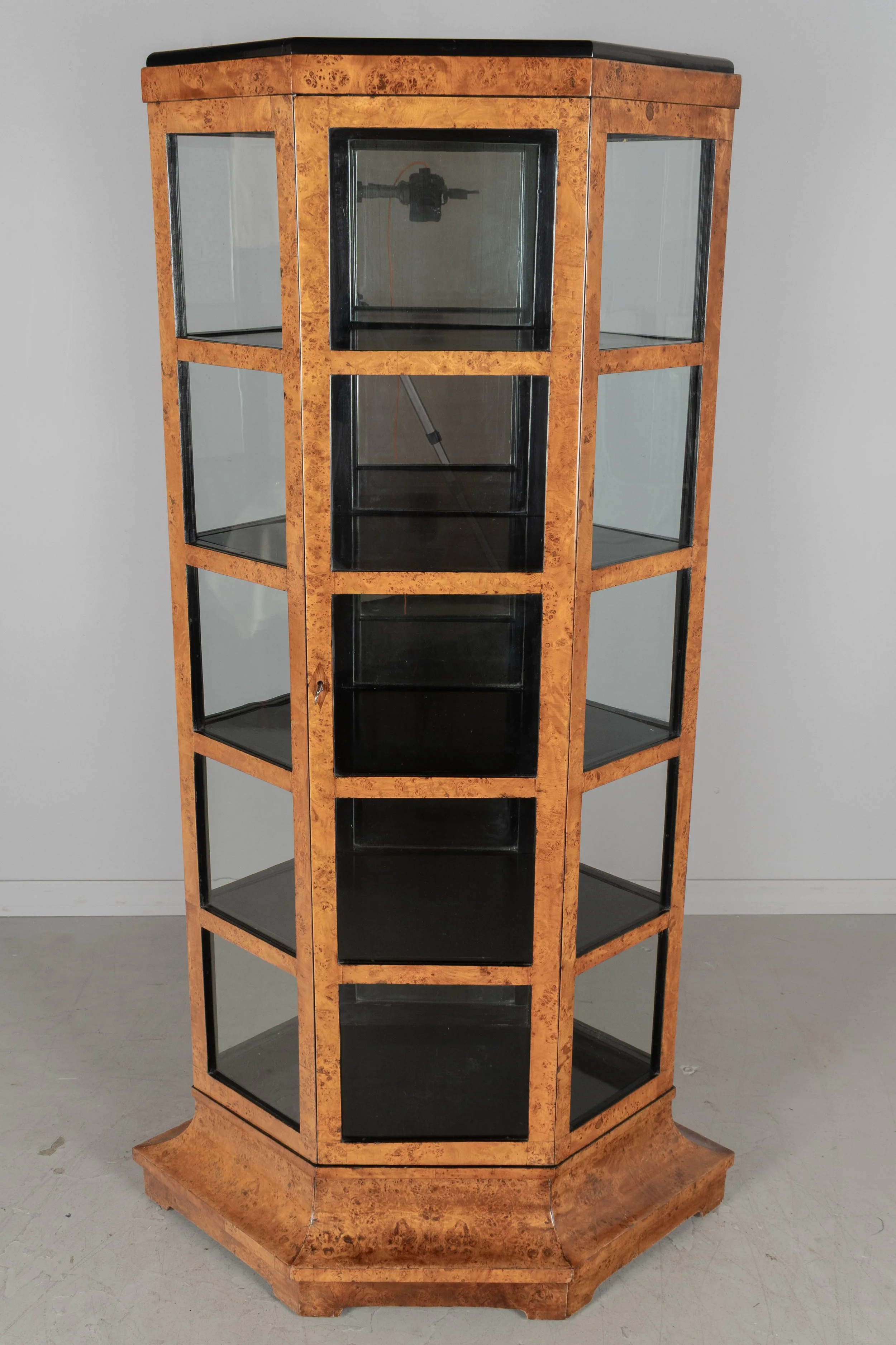 Biedermeier Hexagonal Vitrine, Elm Wood & Glass,