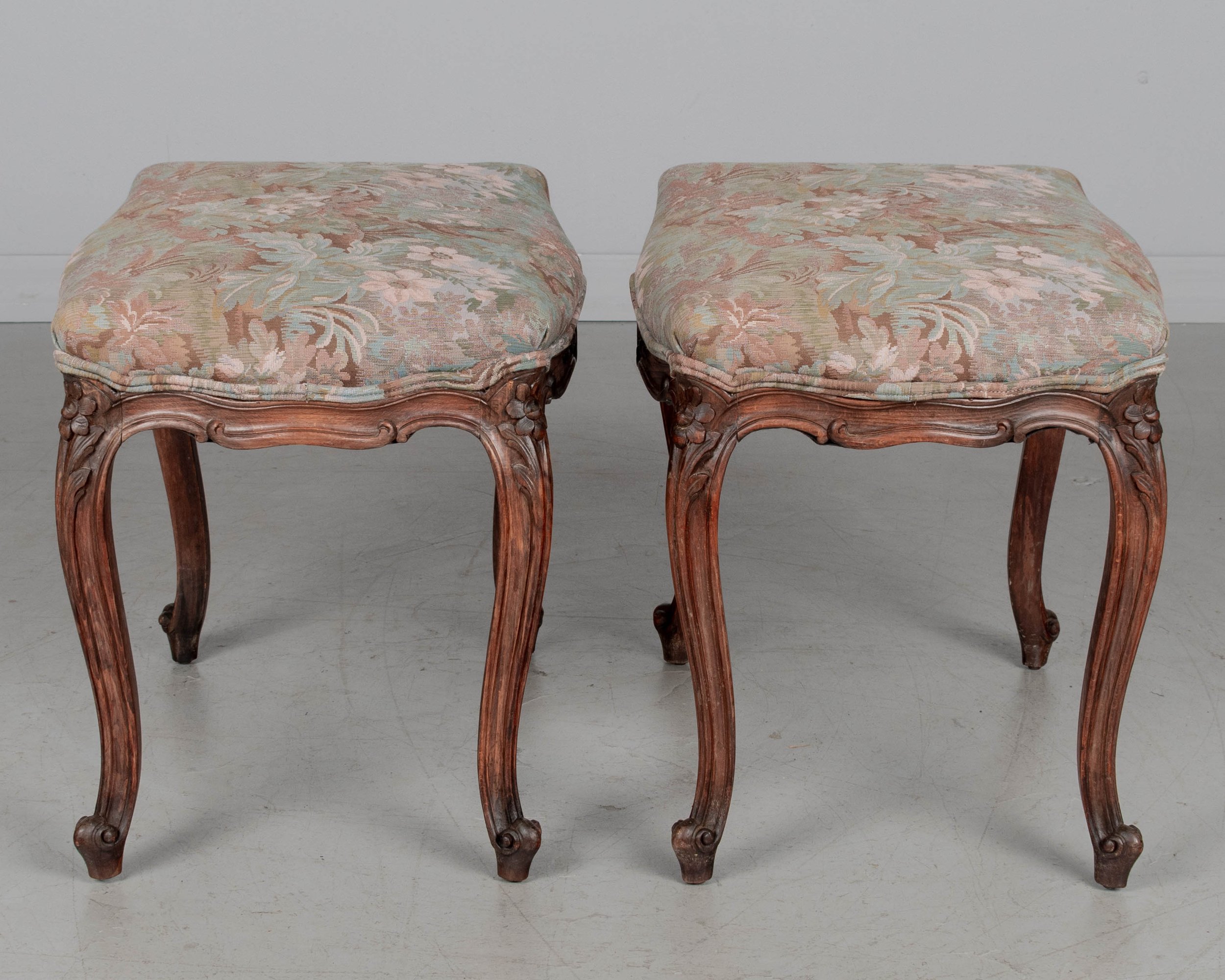 Pair of French Louis XV Style Stools, Carved Beechwood, 1920s