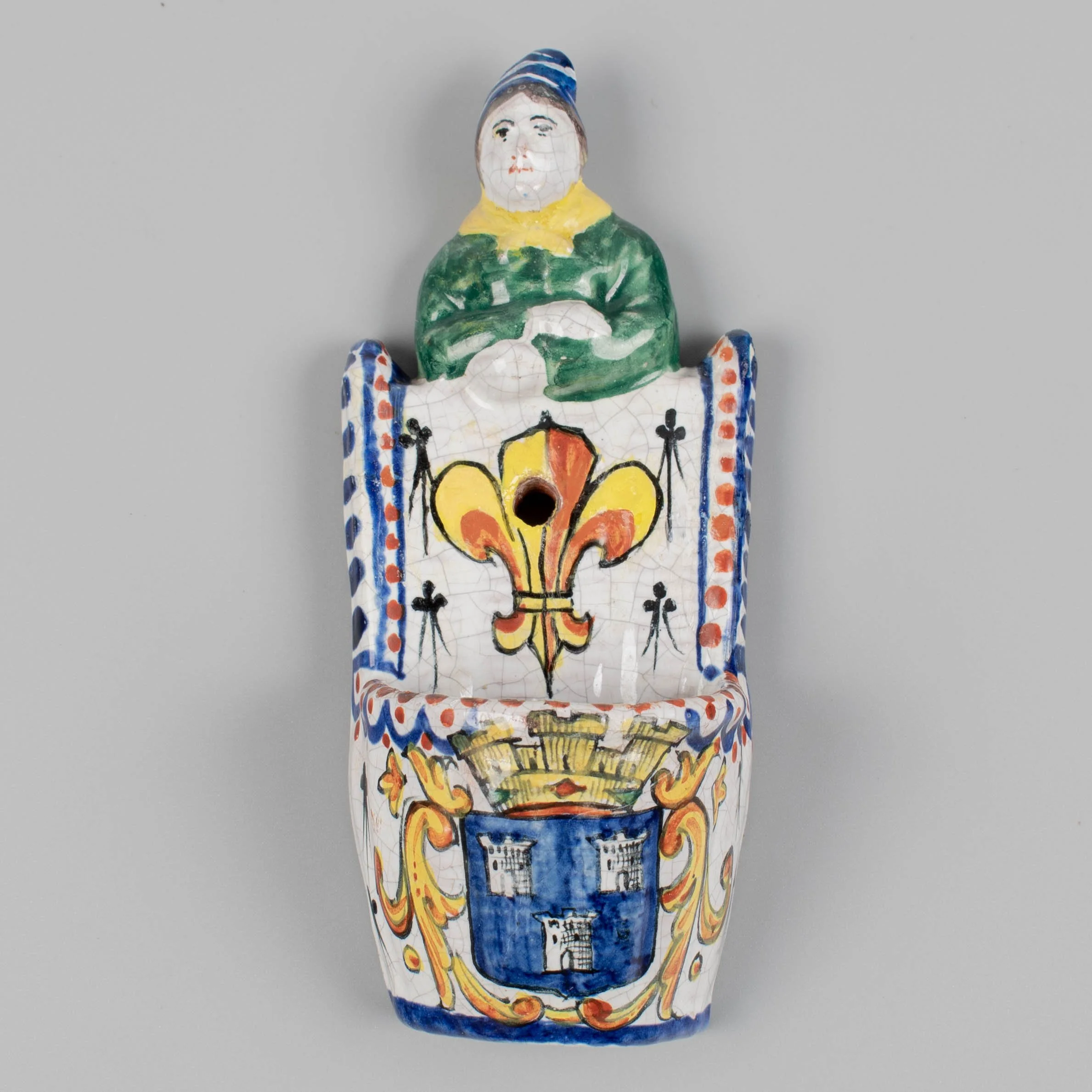 19th Century French Faience Bénitier, or Wall Pocket, Hand-Painted