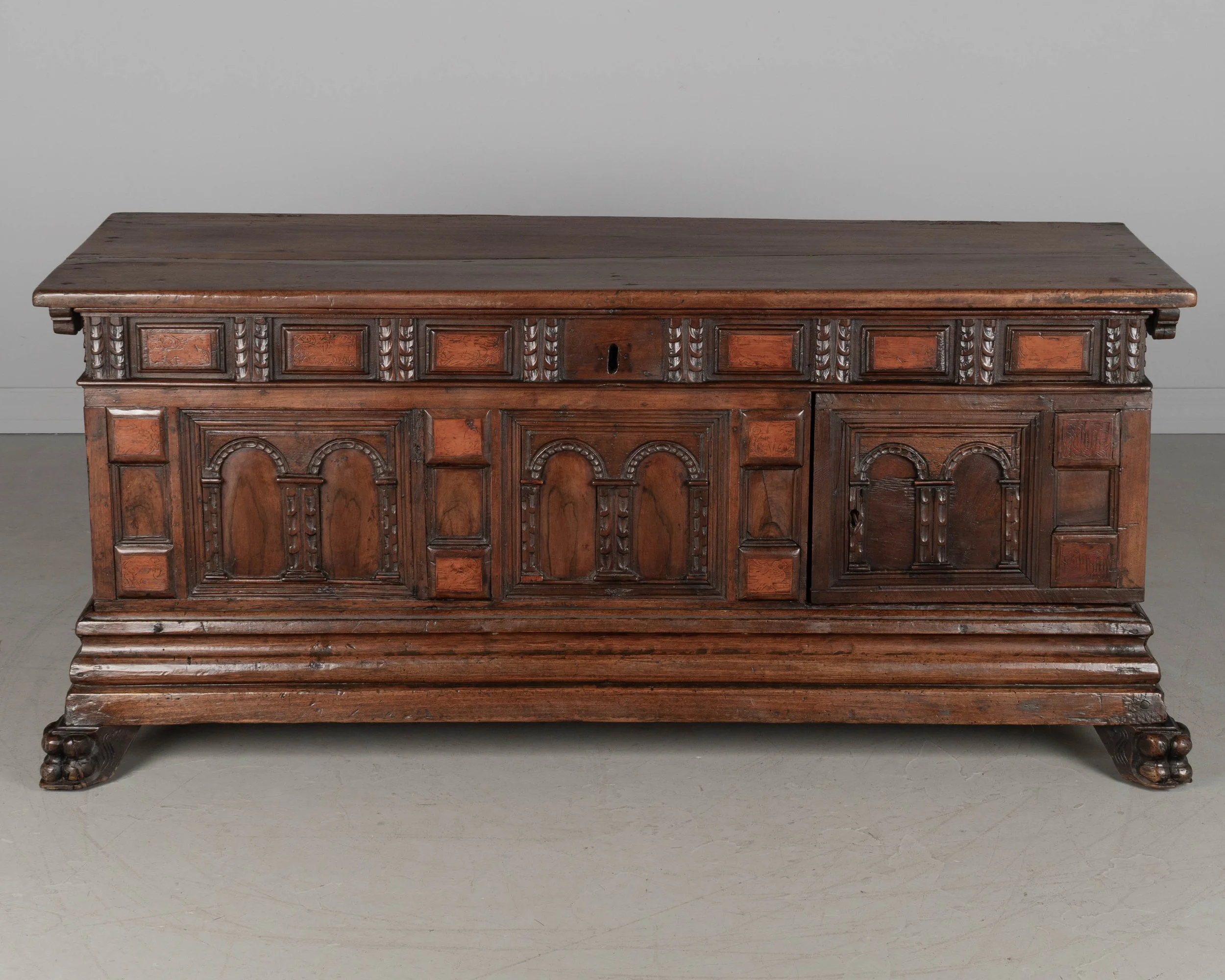 A suberb 18th century Italian Rennaissance style Baroque cassone, or marriage chest, made of solid walnut.