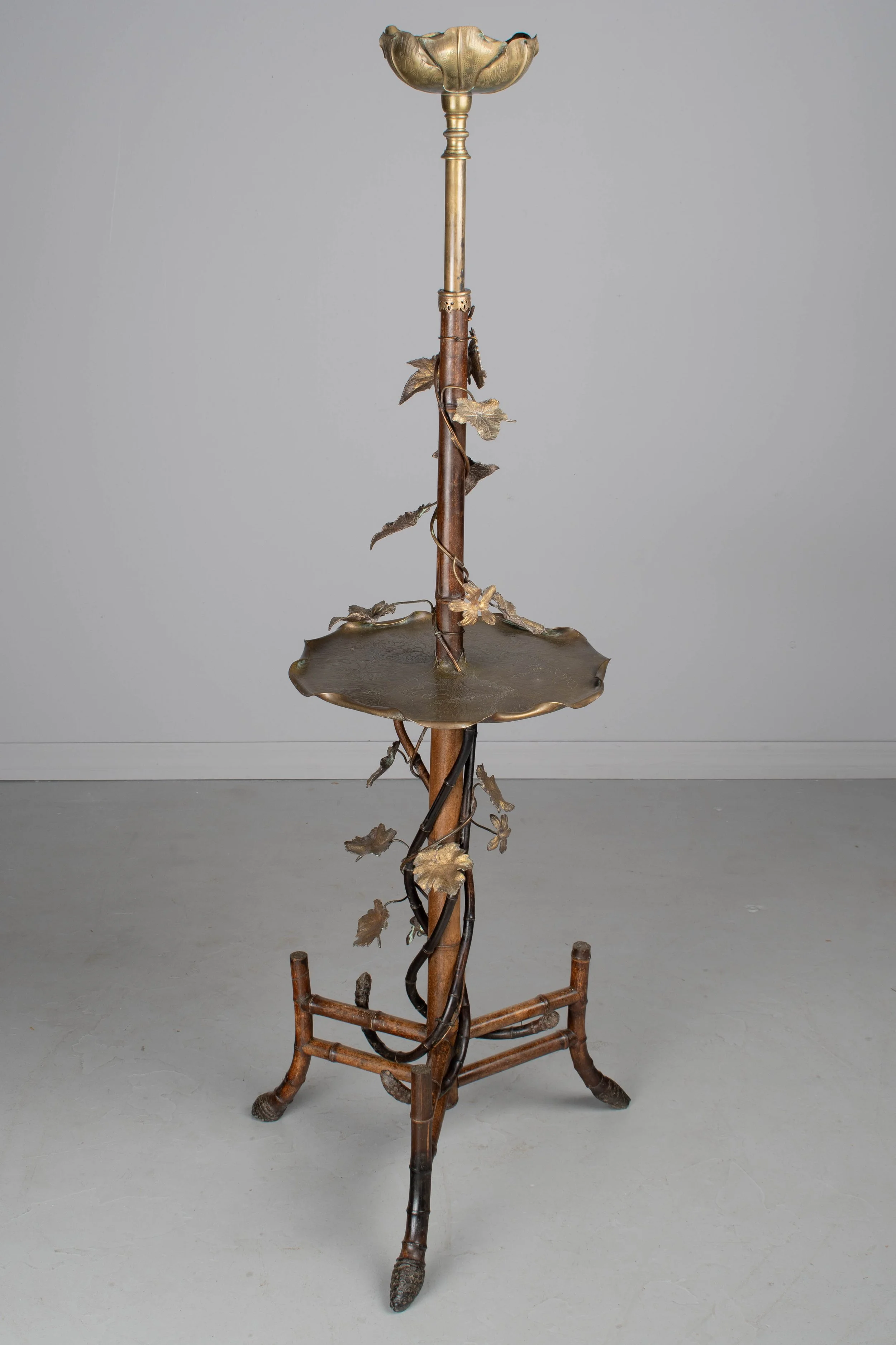French Art Nouveau Bamboo Torchiere Floor Lamp with Table