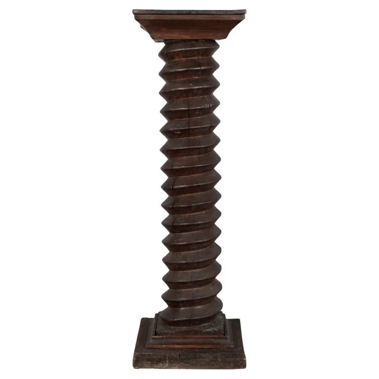 A late 18th century French wooden wine press screw, repurposed as a pedestal or plant stand