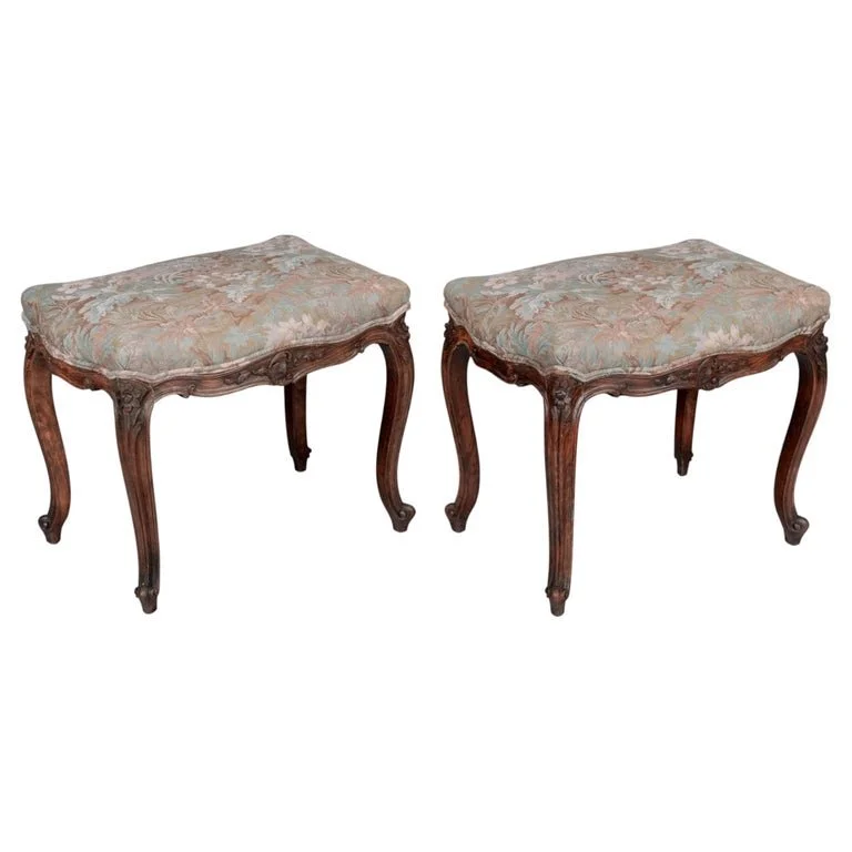 Pair of French Louis XV Style Stools, Carved Beechwood, 1920s