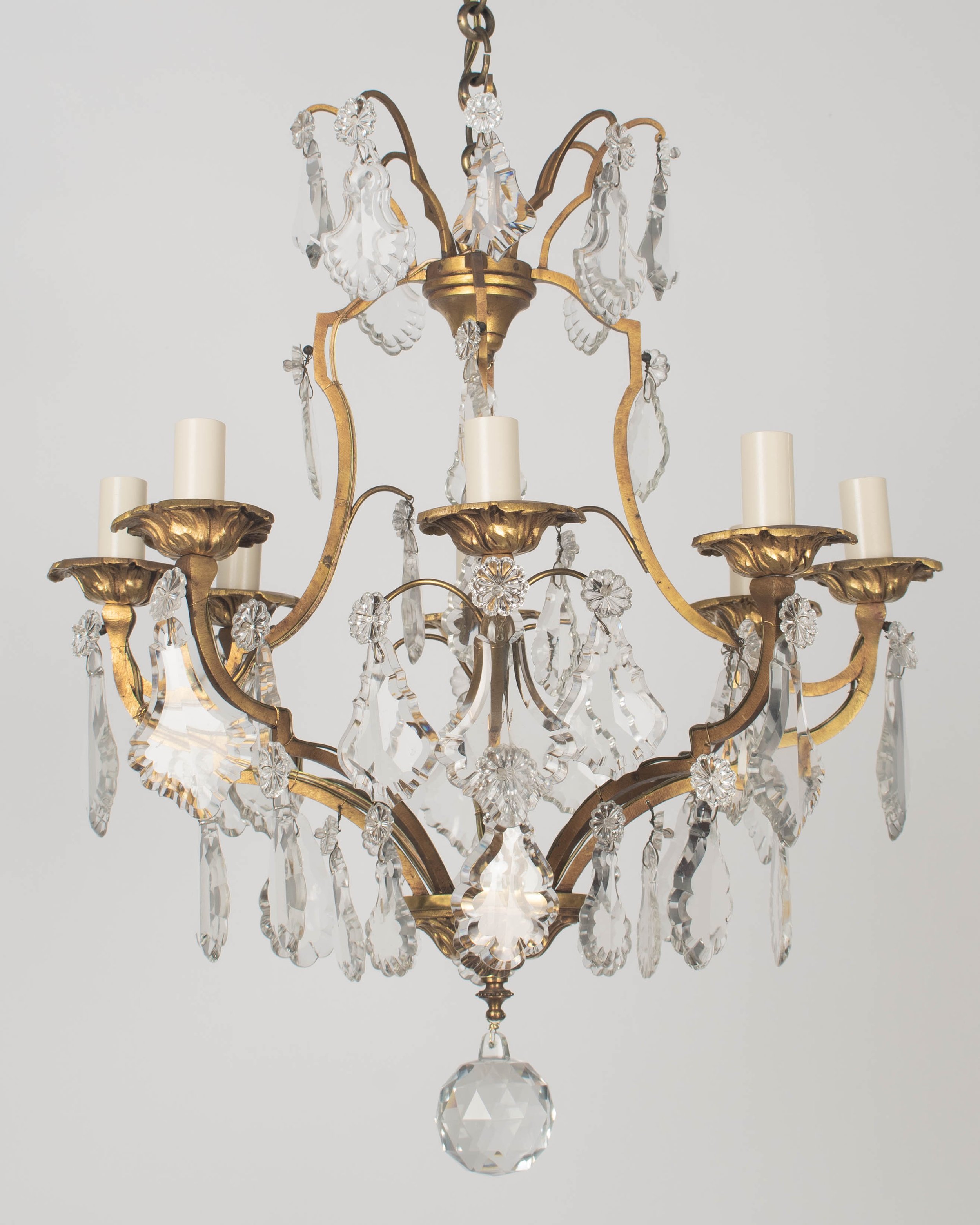 Early 1900's Louis XV Style Brass and Prism Chandelier 8 Lights