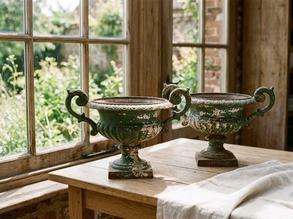 A pair of 19th century French small cast iron garden urn planters with pedestal base and scrolled handles.