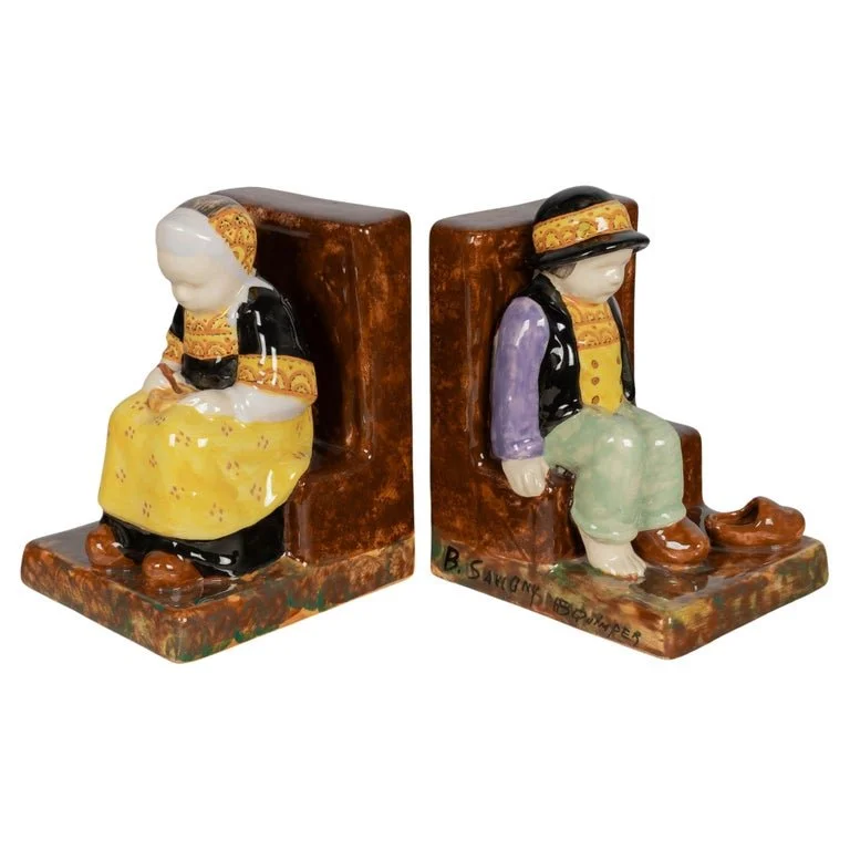 French Faience HB Quimper Bookends by Berthe Savigny