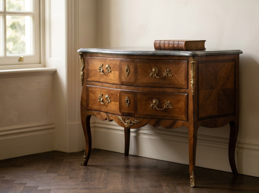 A fine 18th century French Louis XV Period marquetry commode sauteuse with a gentle serpentine curved front, slightly bowed sides,