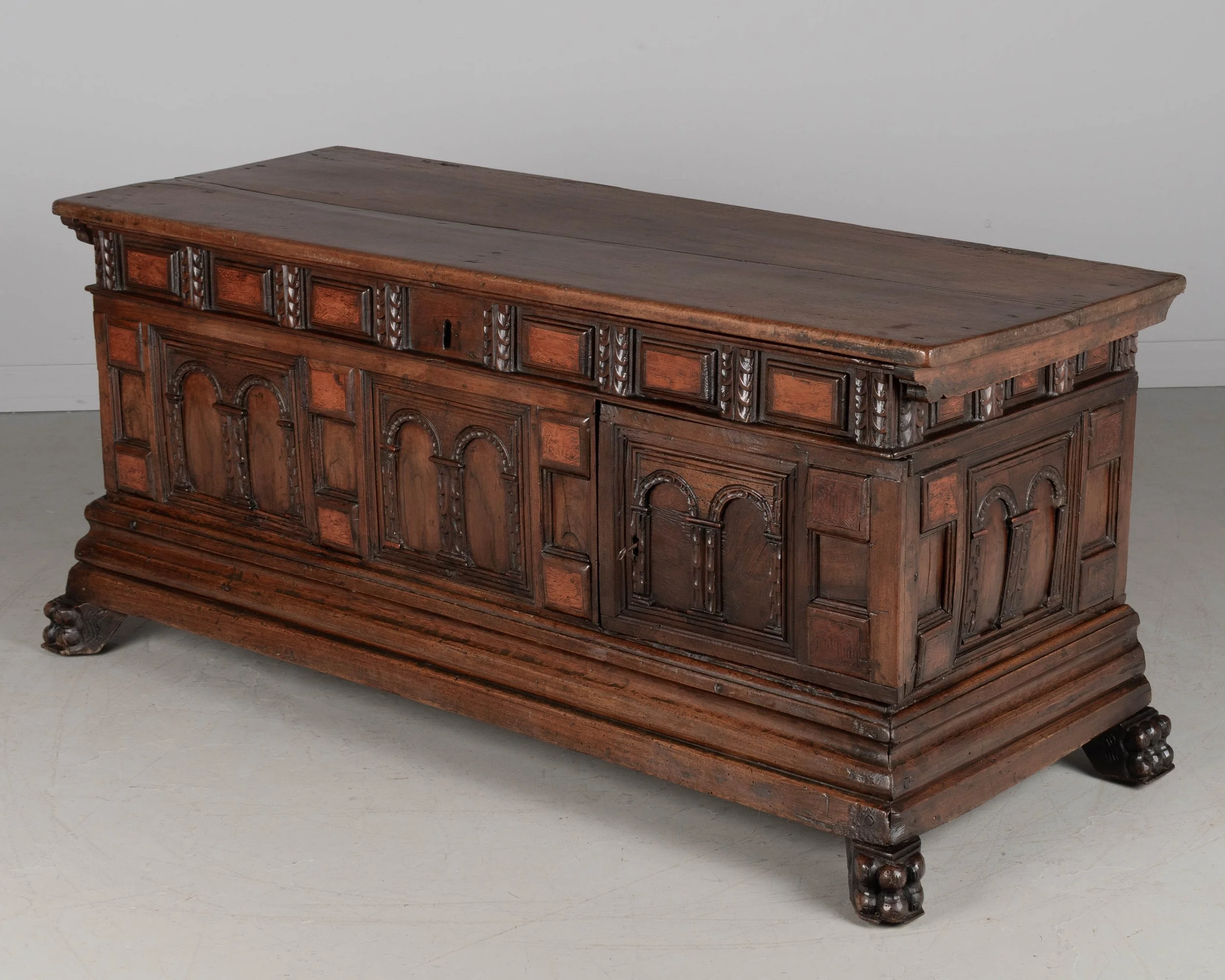 A suberb 18th century Italian Rennaissance style Baroque cassone, or marriage chest, made of solid walnut.