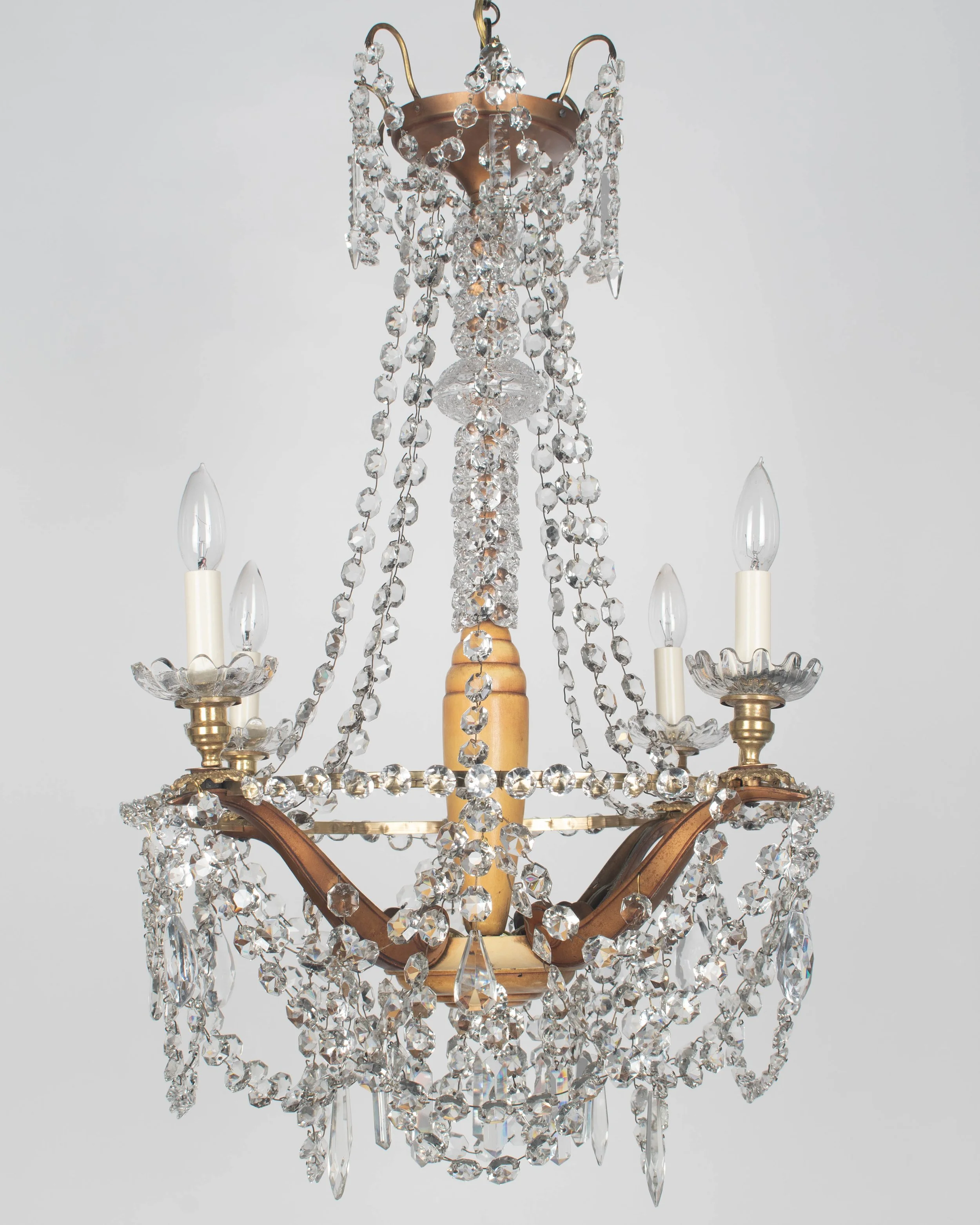 French Art Deco Brass and Crystal Chandelier 4 Lights