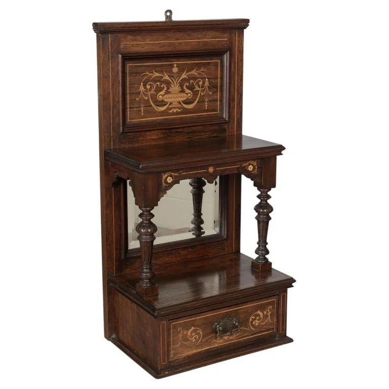 19th Century English Edwardian Marquetry Shelf With Drawer