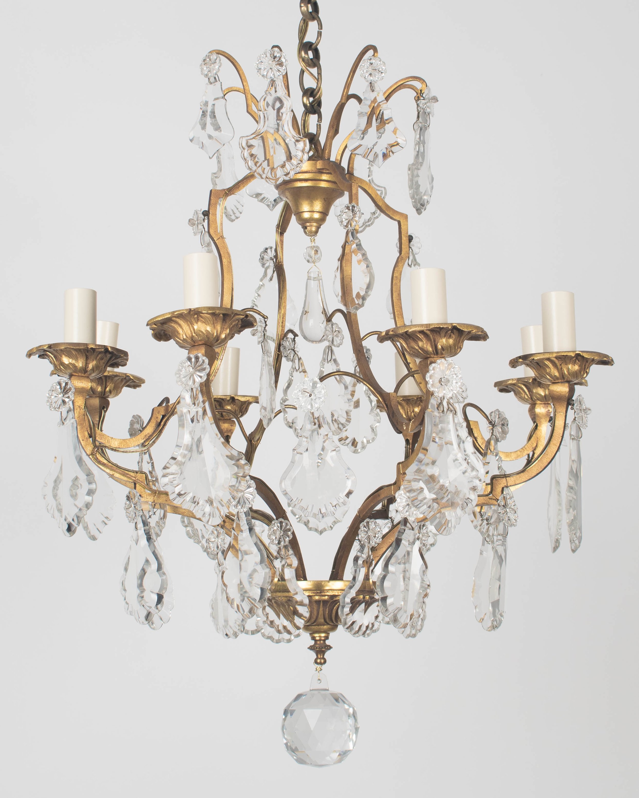 Early 1900's Louis XV Style Brass and Prism Chandelier 8 Lights