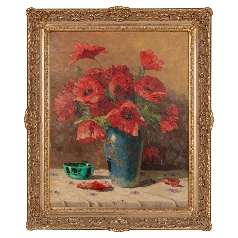 Mid-Century Floral Still Life With Poppies Painting