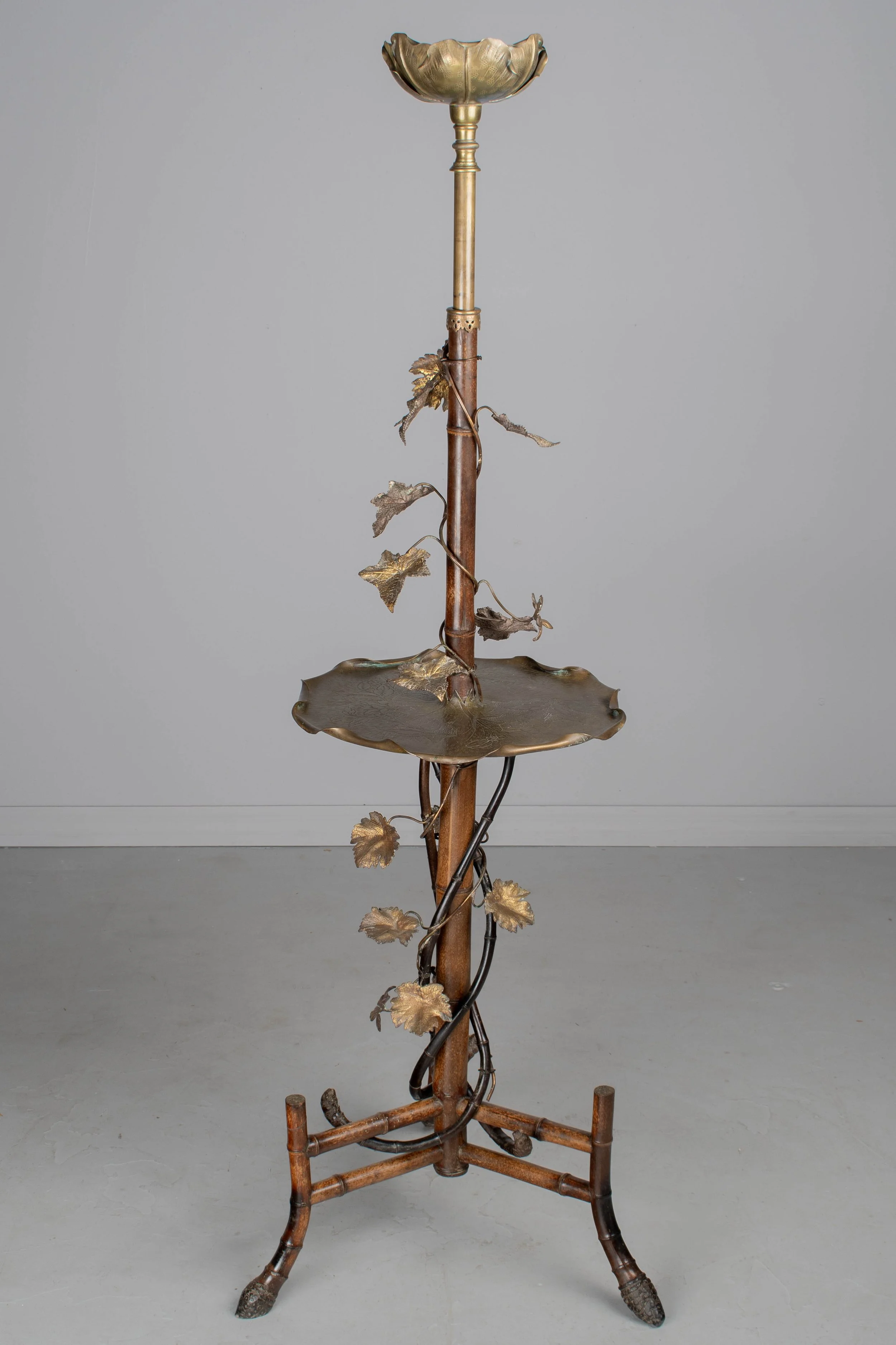 French Art Nouveau Bamboo Torchiere Floor Lamp with Table